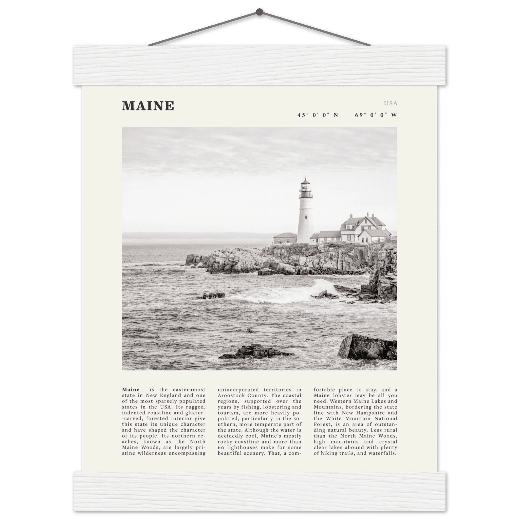 Maine Poster | Black & White Lighthouse Wall Art | New England Coastal Travel Print - Evergreen Posters