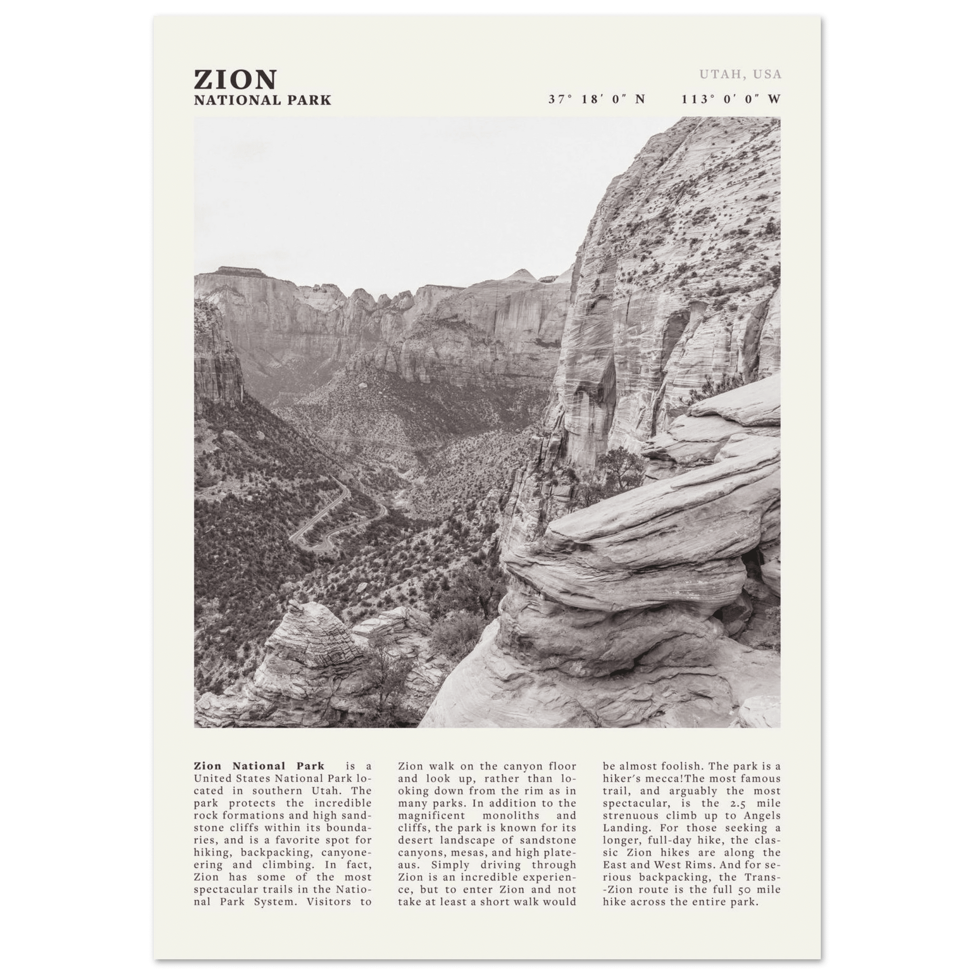 Zion National Park Poster | Black & White Utah Canyon Wall Art | USA Travel Print - Evergreen Posters