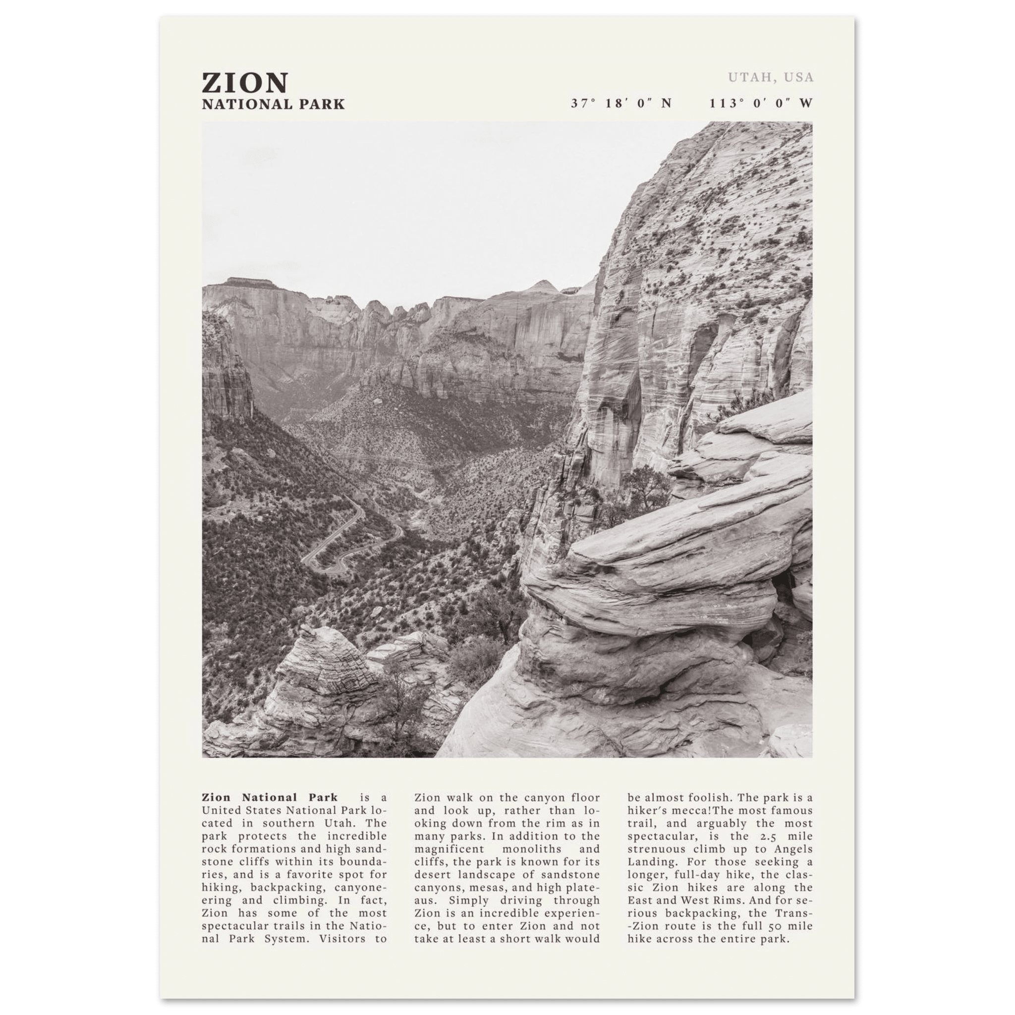 Zion National Park Poster | Black & White Utah Canyon Wall Art | USA Travel Print - Evergreen Posters