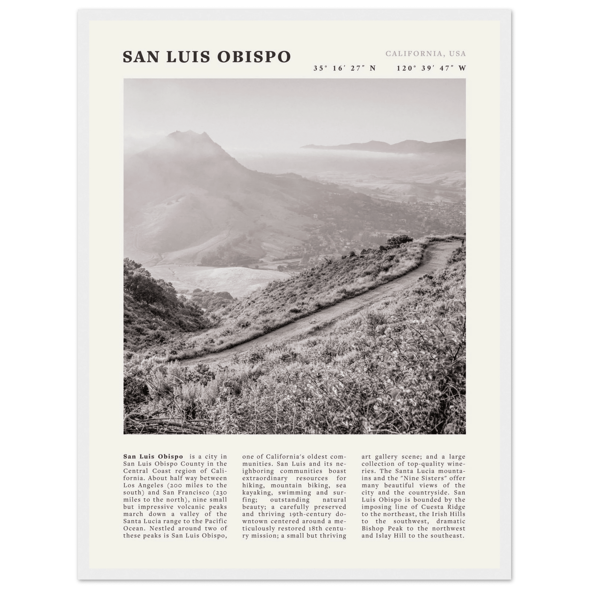 San Luis Obispo Poster | Black & White California Wall Art | SLO Travel Print - Evergreen Posters