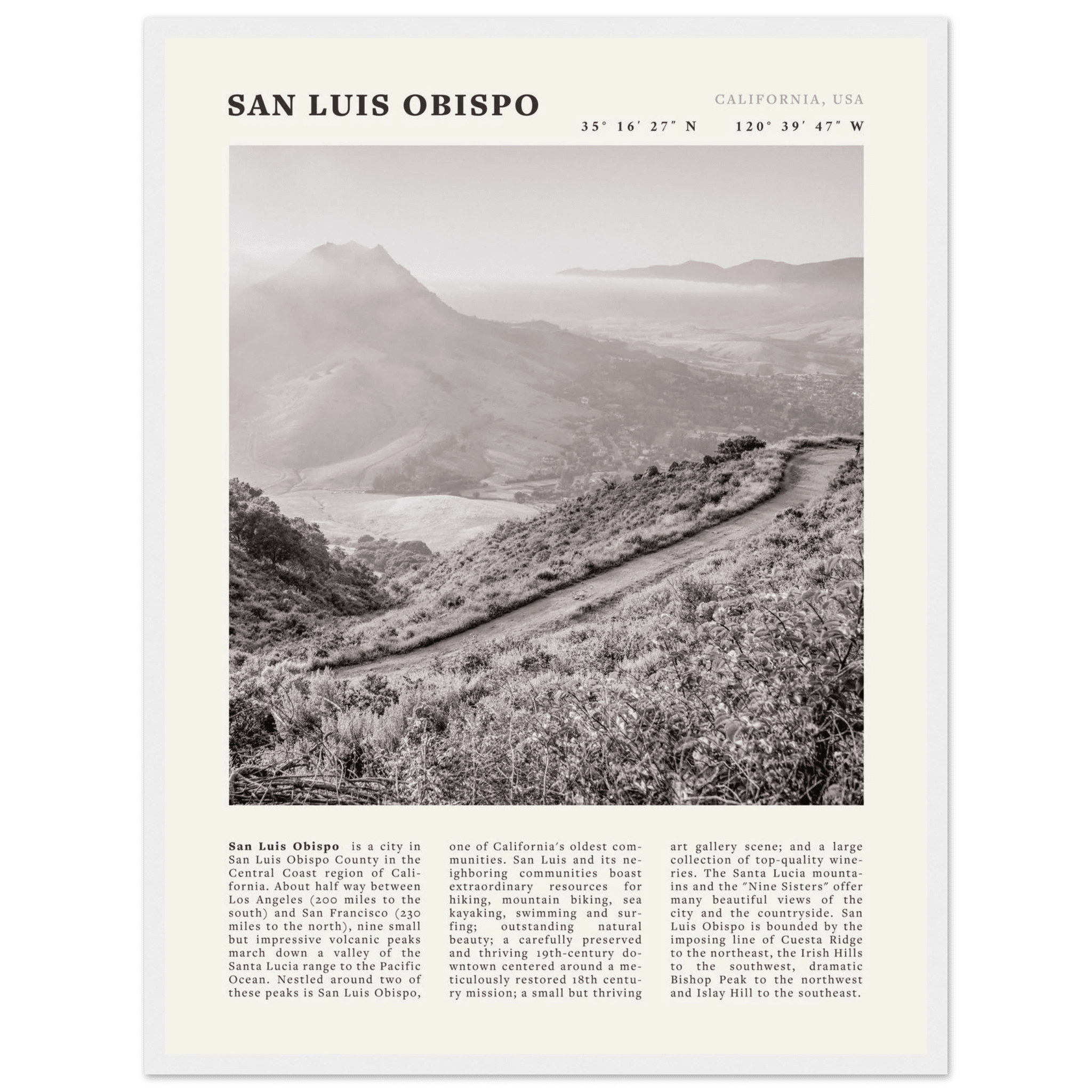 San Luis Obispo Poster | Black & White California Wall Art | SLO Travel Print - Evergreen Posters