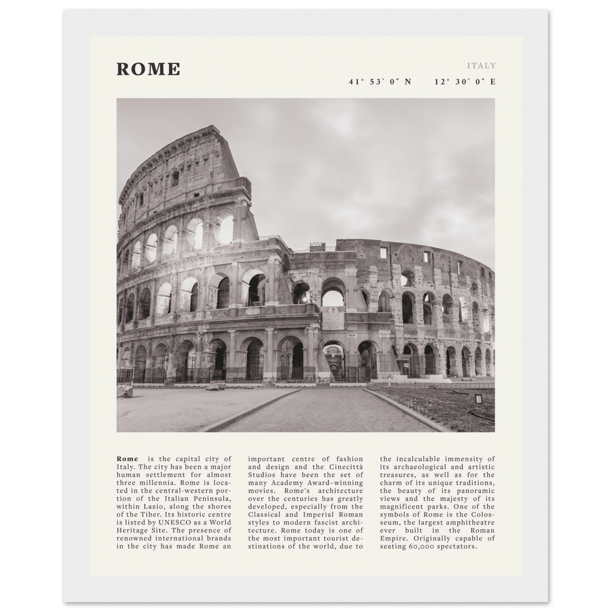 Rome Poster | Black & White Colosseum Wall Art | Italy Travel Print | Roman Decor - Evergreen Posters
