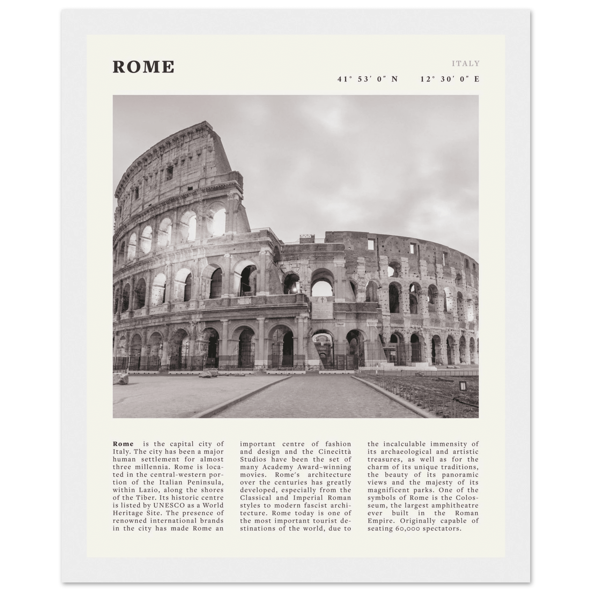 Rome Poster | Black & White Colosseum Wall Art | Italy Travel Print | Roman Decor - Evergreen Posters