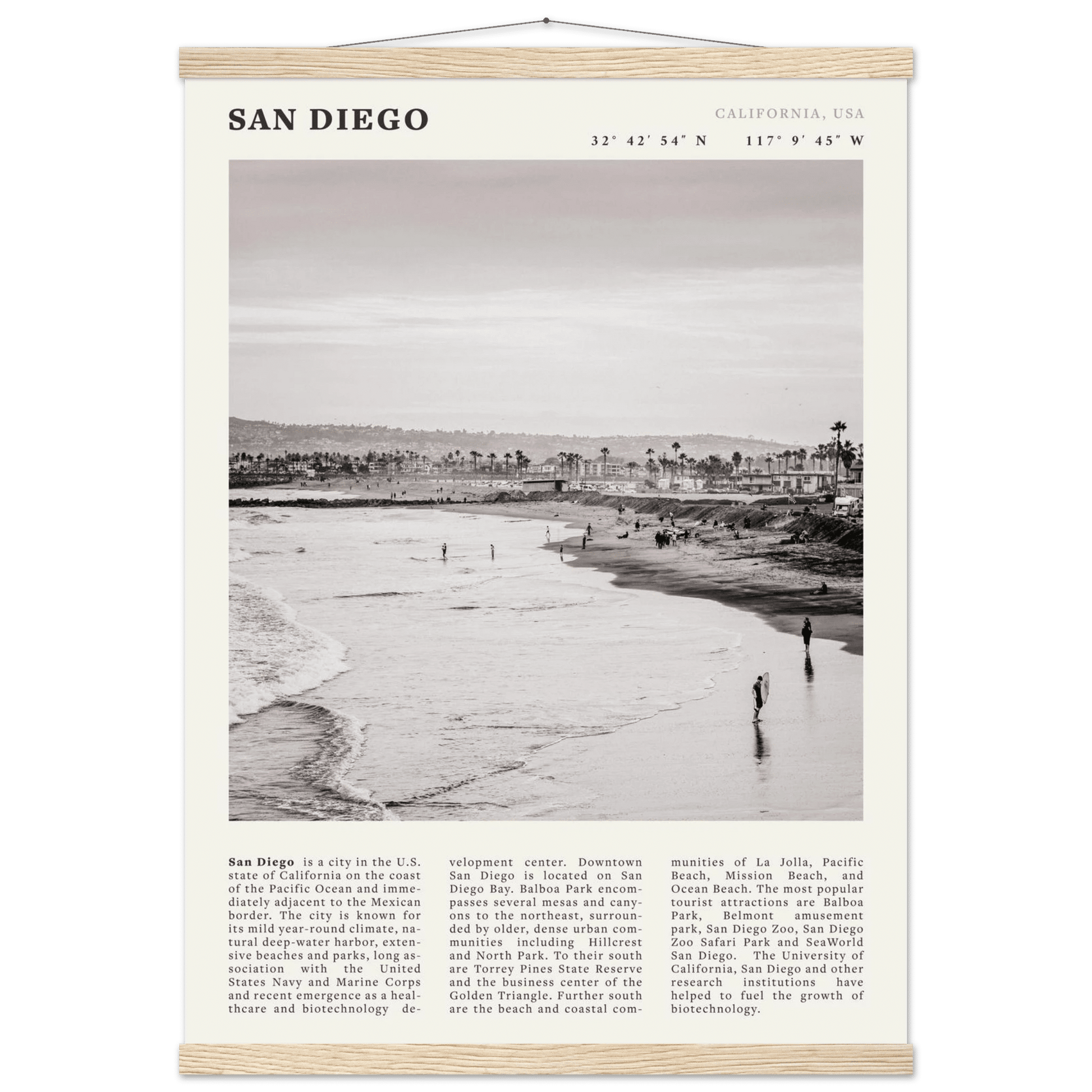 San Diego Poster | Black & White California Beach Wall Art | Coastal Travel Print Decor - Evergreen Posters