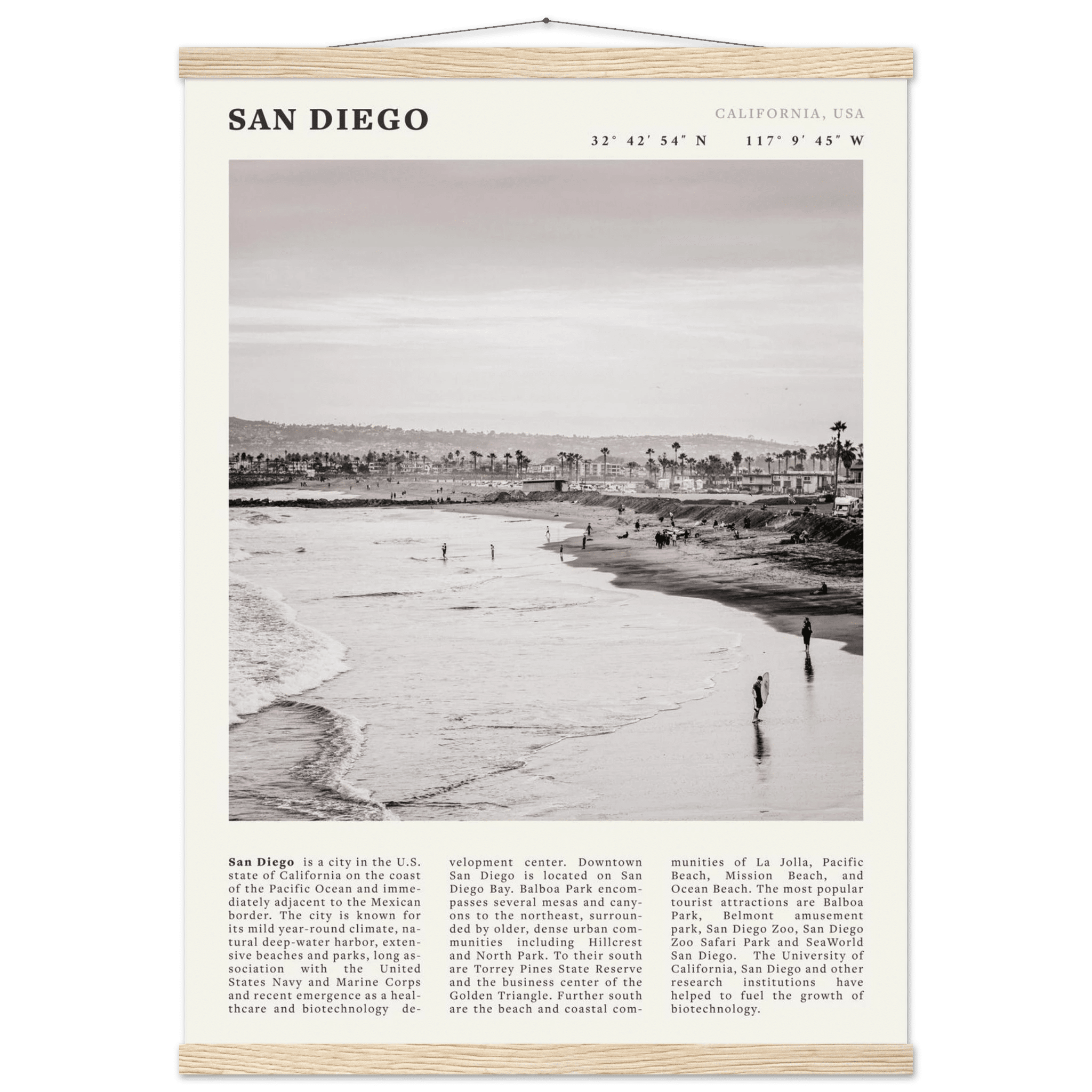 San Diego Poster | Black & White California Beach Wall Art | Coastal Travel Print Decor - Evergreen Posters