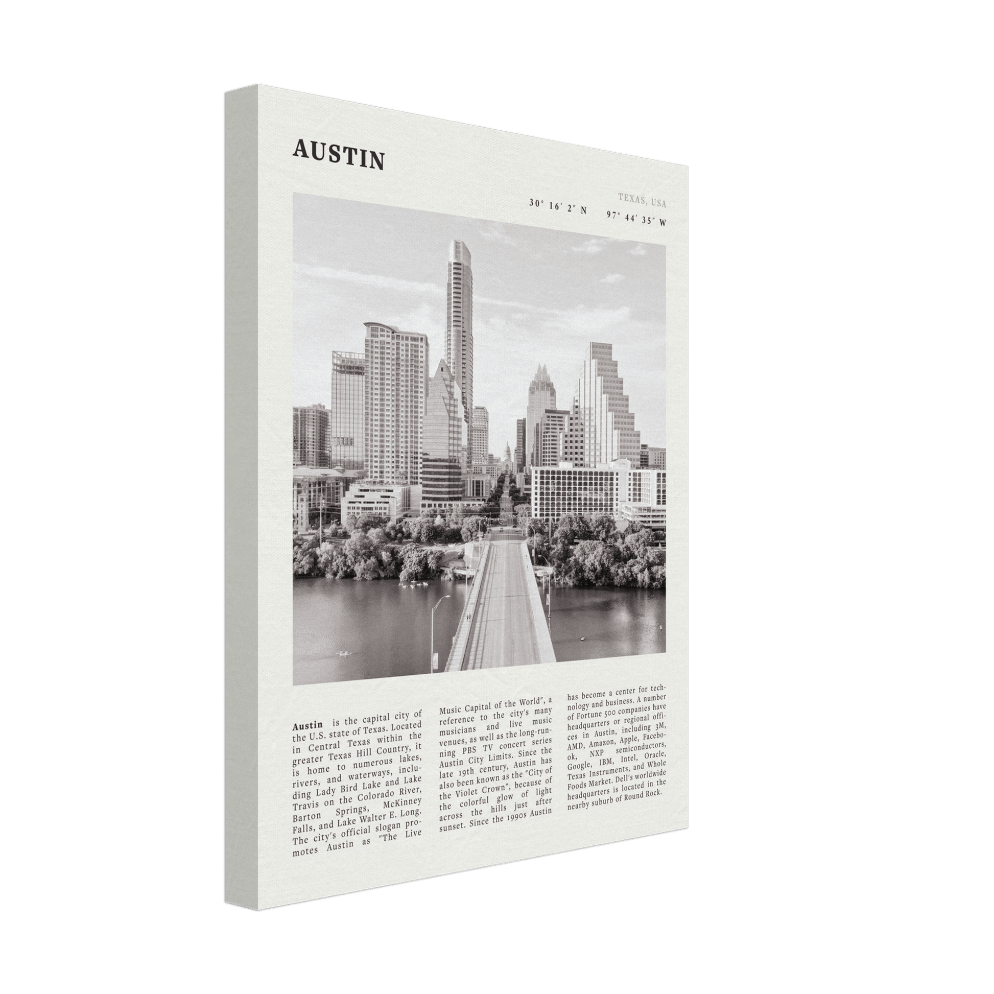 Austin Poster | Black & White Texas Skyline Wall Art | City Travel Print Decor - Evergreen Posters