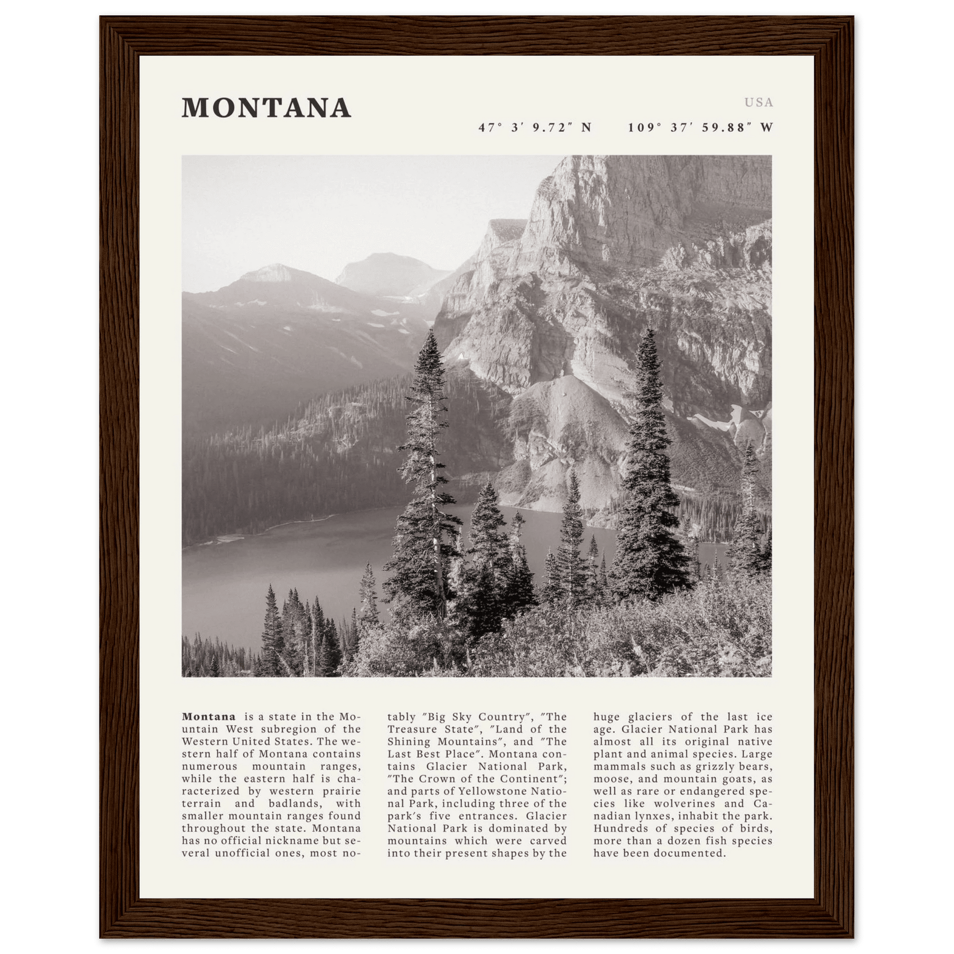 Montana Poster | Black & White Glacier National Park Wall Art | Nature Travel Print - Evergreen Posters