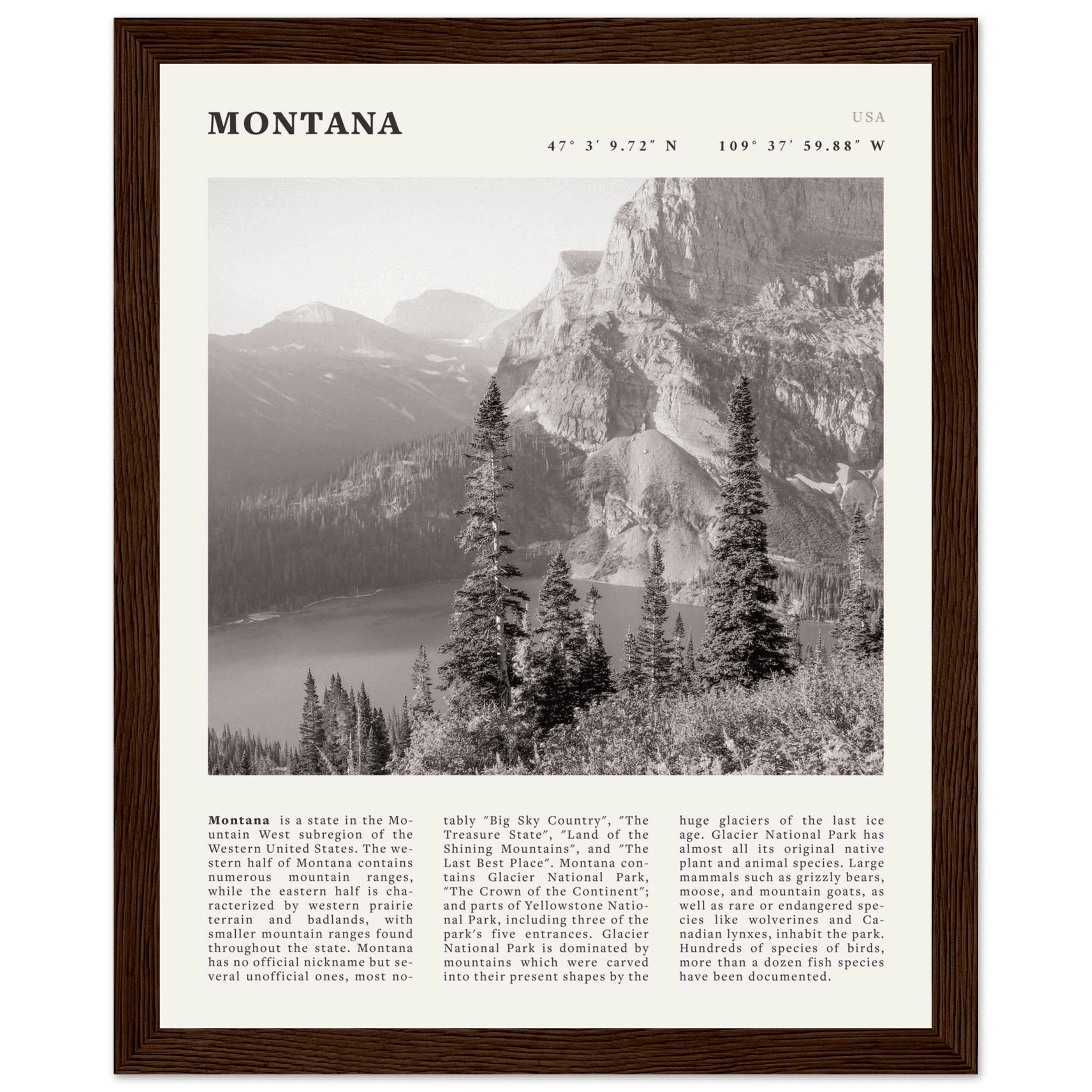 Montana Poster | Black & White Glacier National Park Wall Art | Nature Travel Print - Evergreen Posters