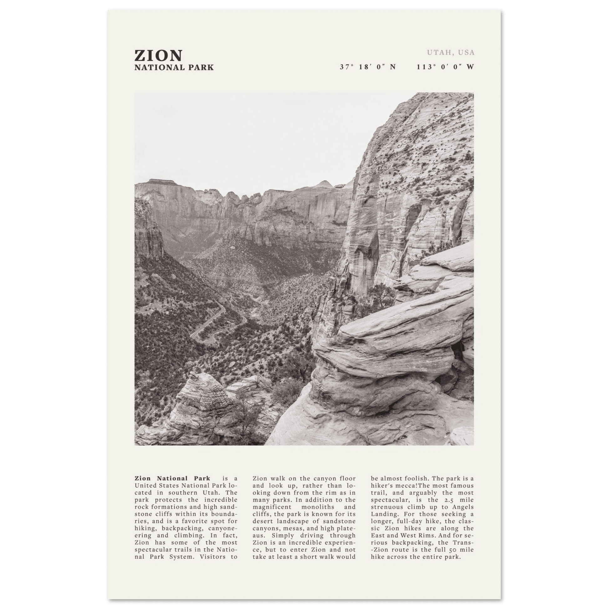 Zion National Park Poster | Black & White Utah Canyon Wall Art | USA Travel Print - Evergreen Posters