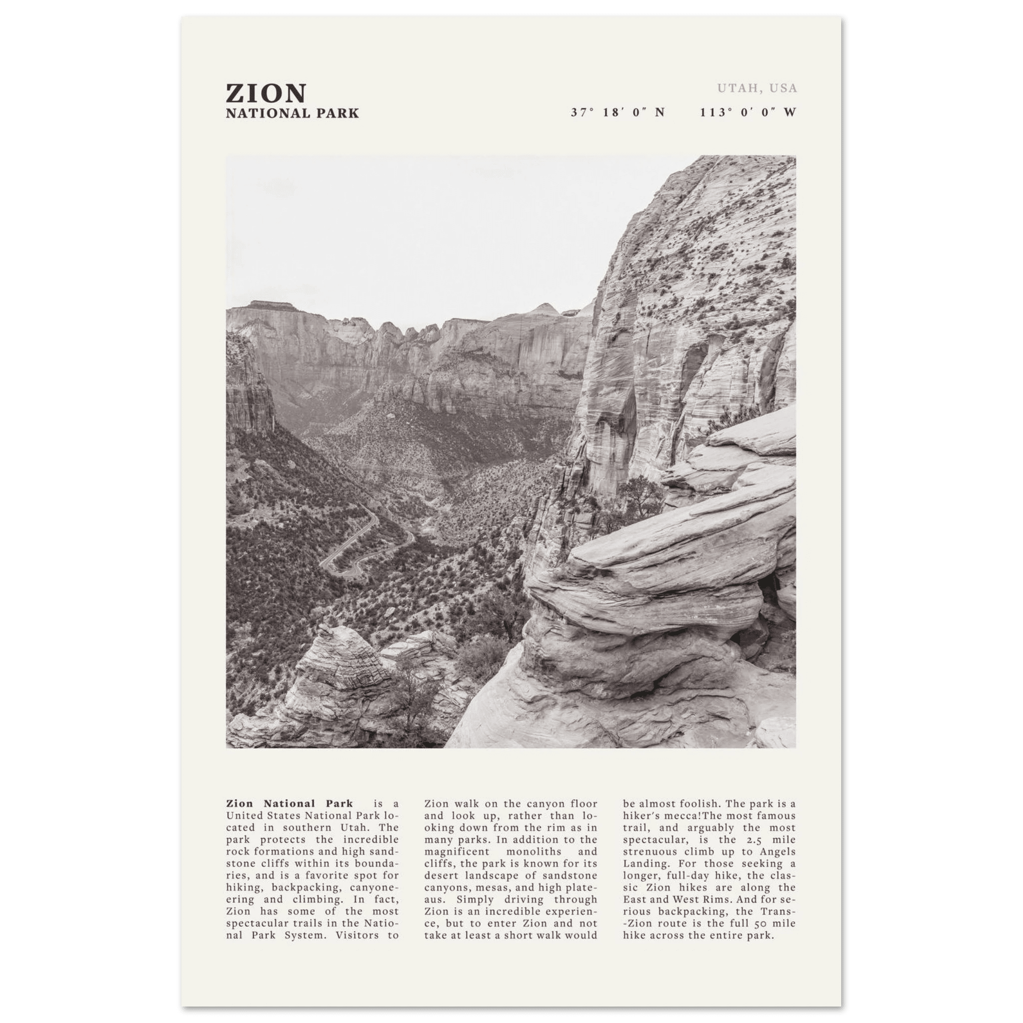 Zion National Park Poster | Black & White Utah Canyon Wall Art | USA Travel Print - Evergreen Posters