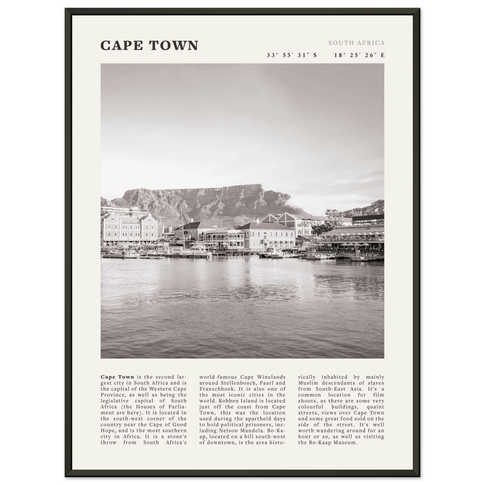 Cape Town Poster | Black & White Table Mountain Wall Art | South Africa Travel Print - Evergreen Posters