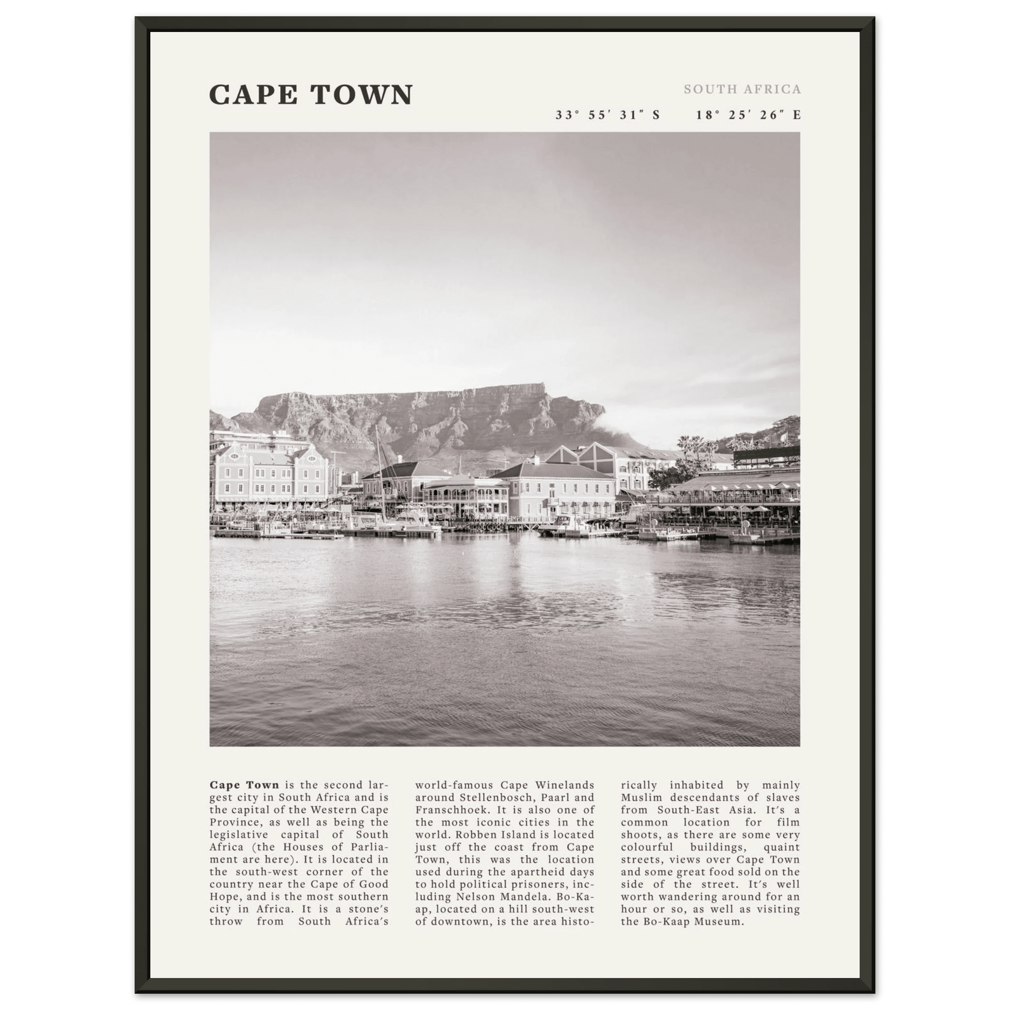 Cape Town Poster | Black & White Table Mountain Wall Art | South Africa Travel Print - Evergreen Posters