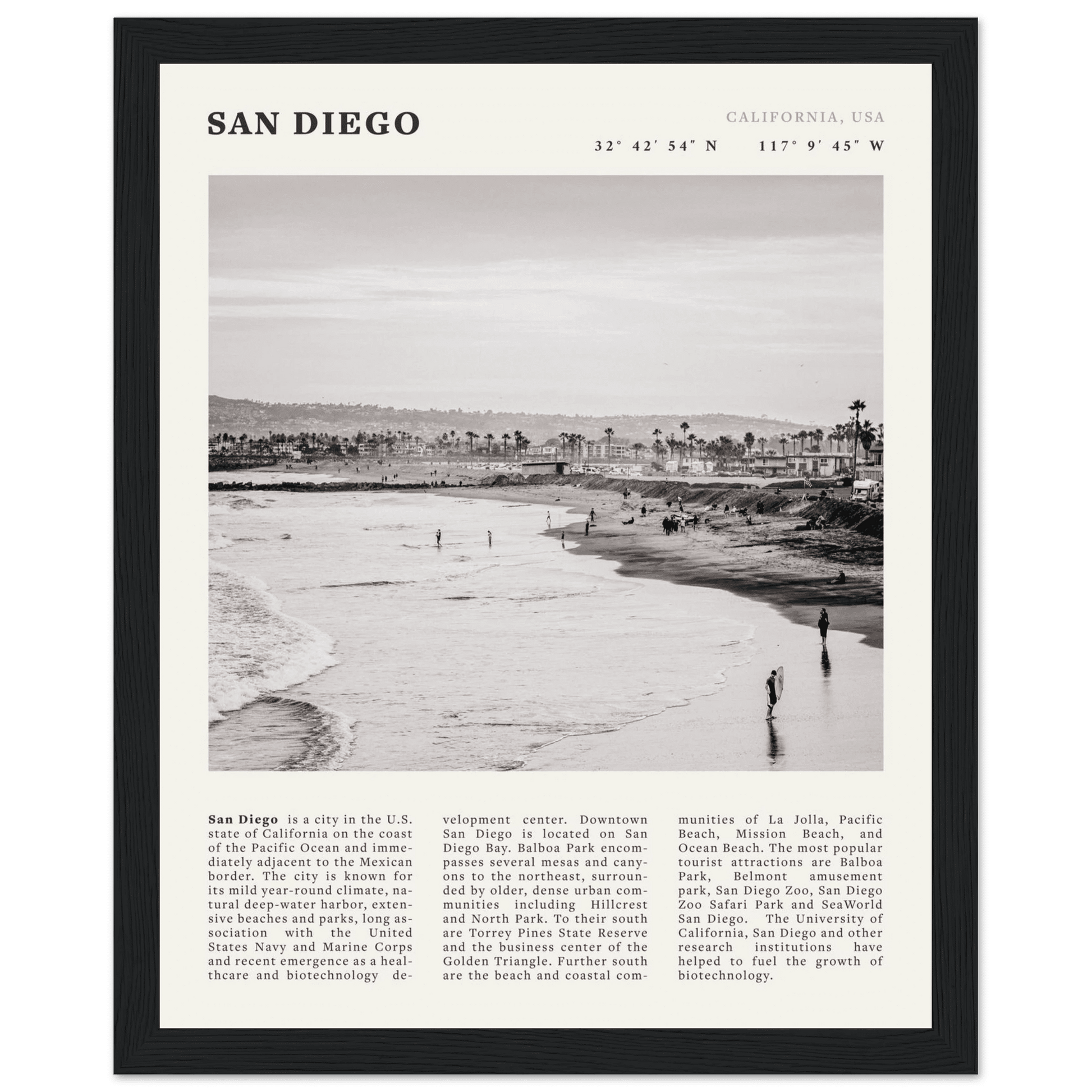 San Diego Poster | Black & White California Beach Wall Art | Coastal Travel Print Decor - Evergreen Posters