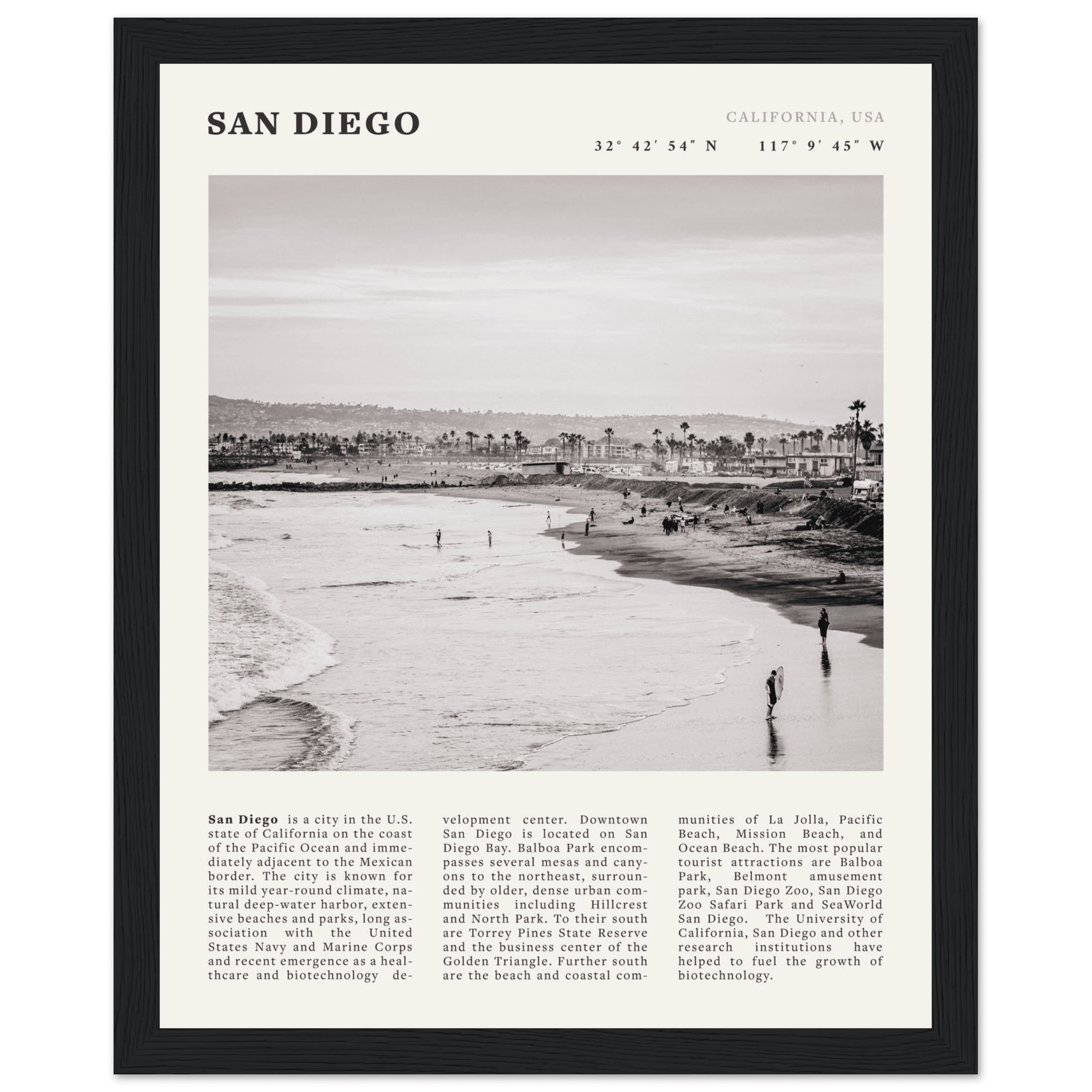 San Diego Poster | Black & White California Beach Wall Art | Coastal Travel Print Decor - Evergreen Posters