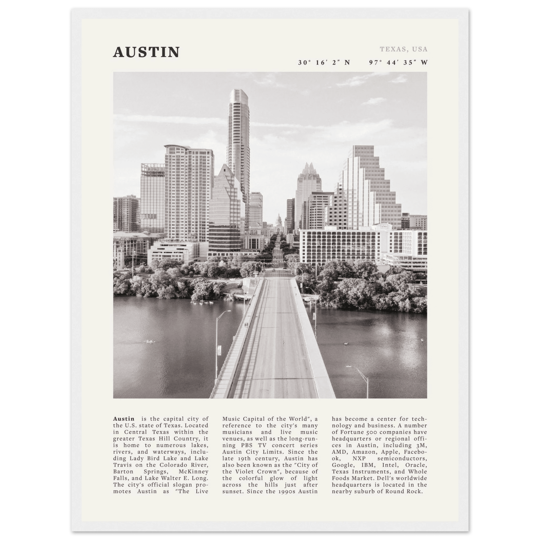Austin Poster | Black & White Texas Skyline Wall Art | City Travel Print Decor - Evergreen Posters