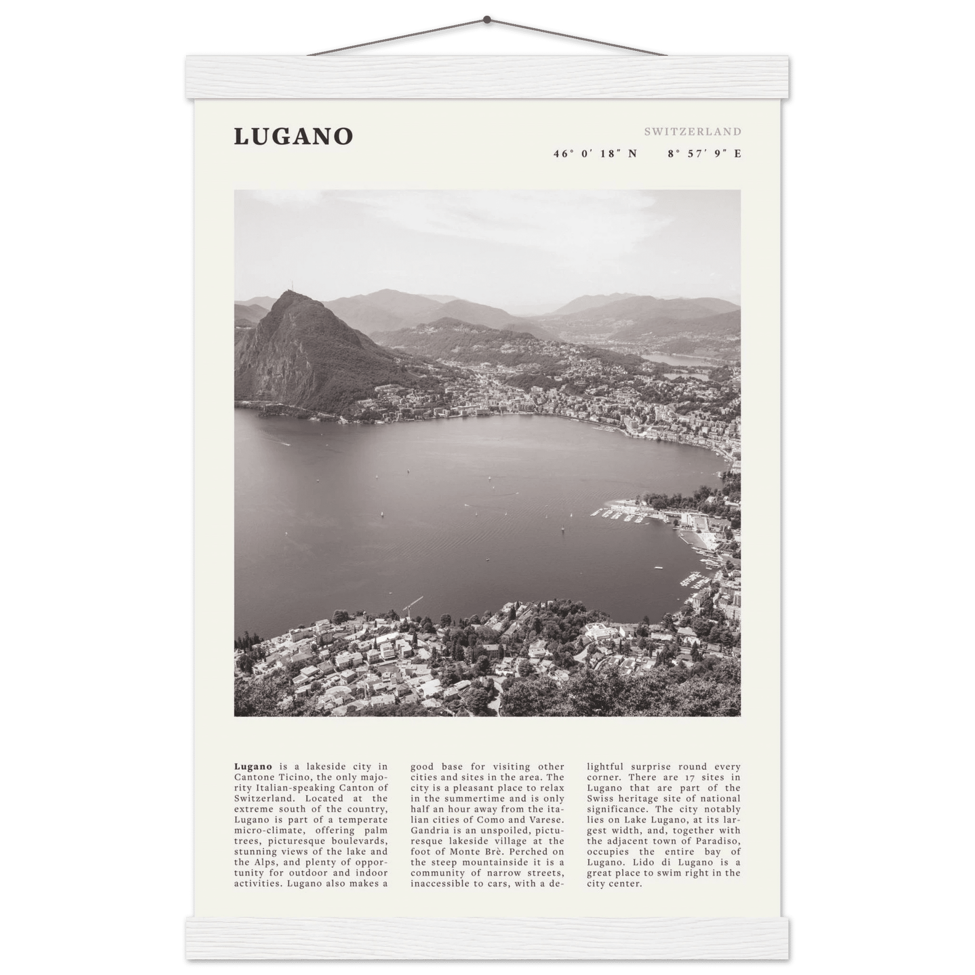 Lugano Poster | Black & White Swiss Lake Wall Art | Switzerland Travel Print - Evergreen Posters