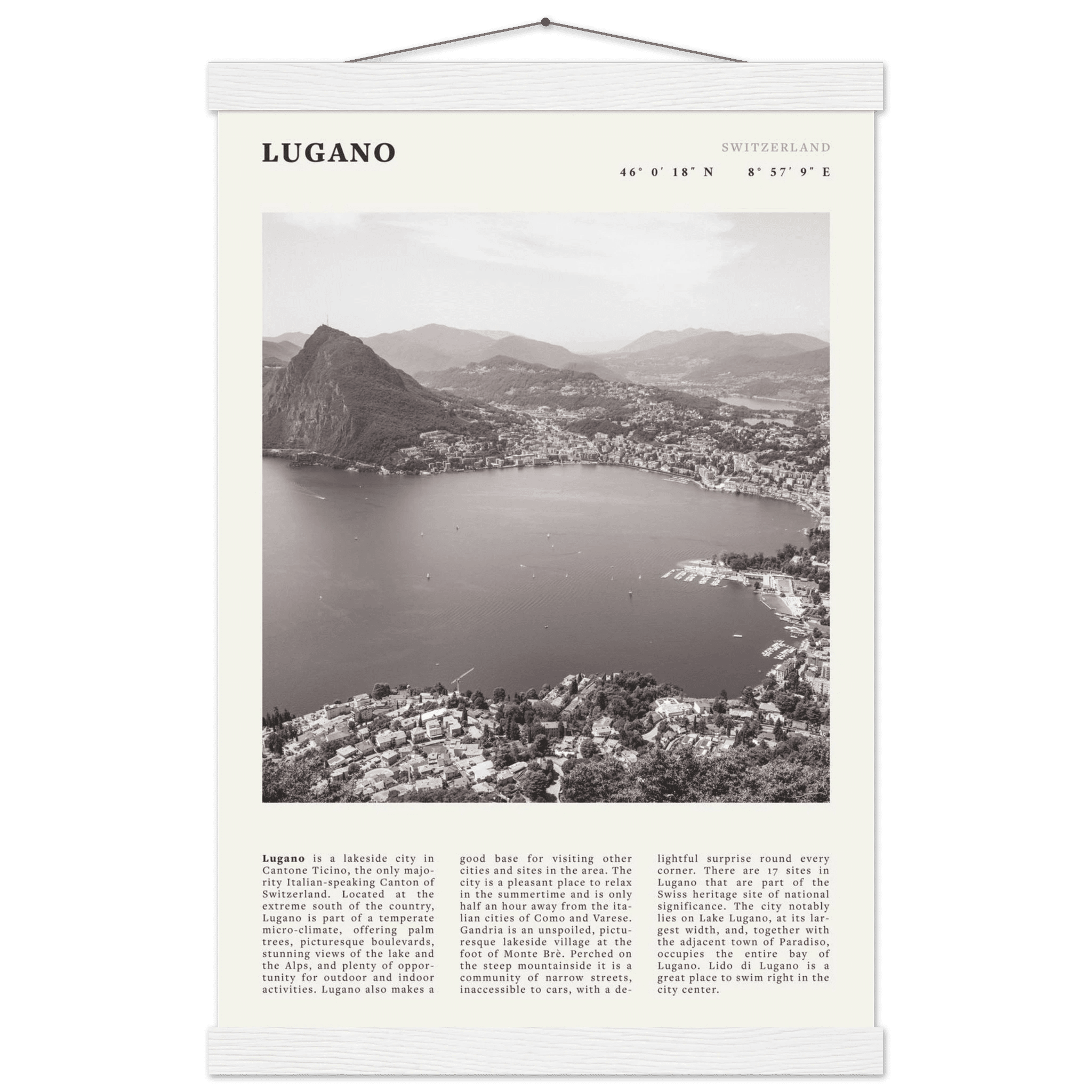 Lugano Poster | Black & White Swiss Lake Wall Art | Switzerland Travel Print - Evergreen Posters