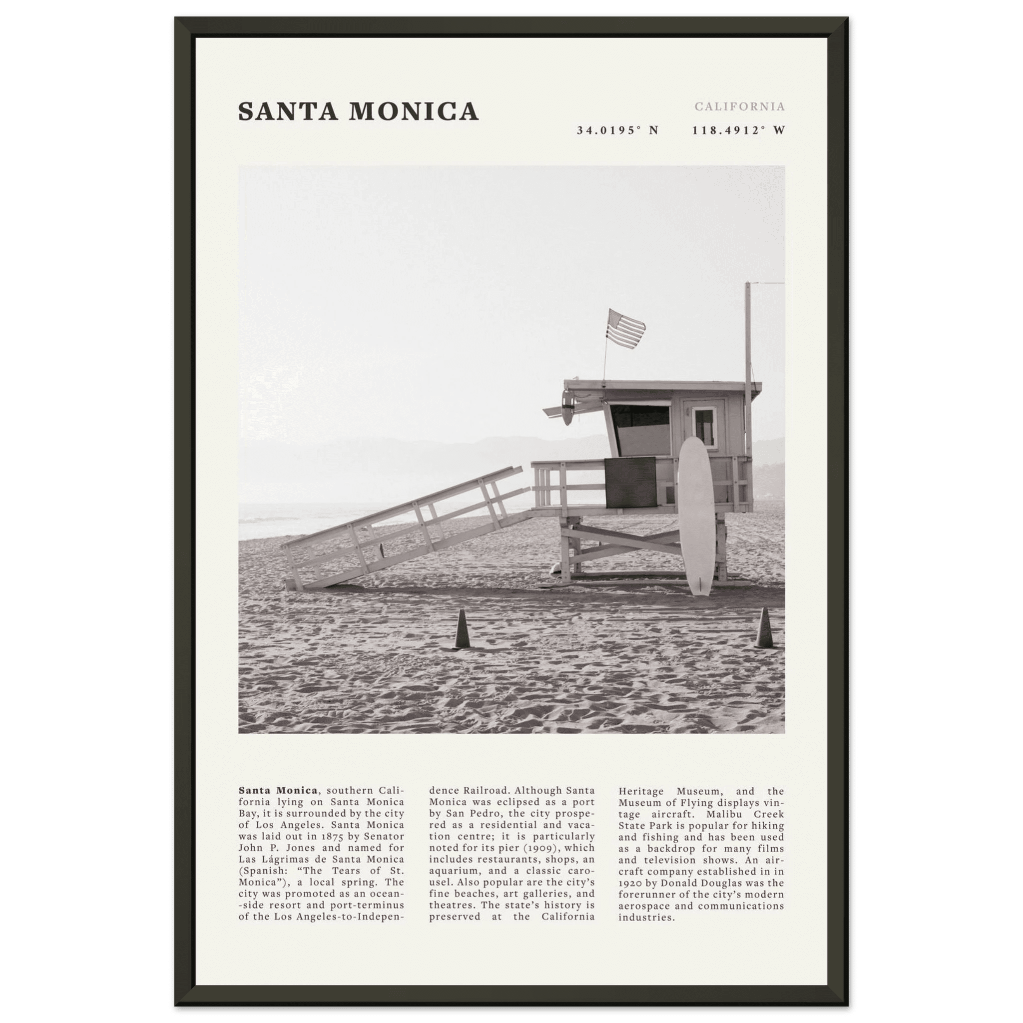 Santa Monica Poster | Black & White California Wall Art | Beach Travel Print | Coastal Decor - Evergreen Posters