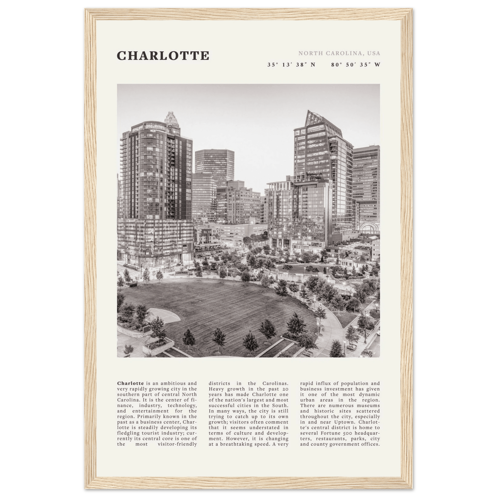 Charlotte Poster | Black & White North Carolina Skyline Wall Art | NC Travel Print - Evergreen Posters