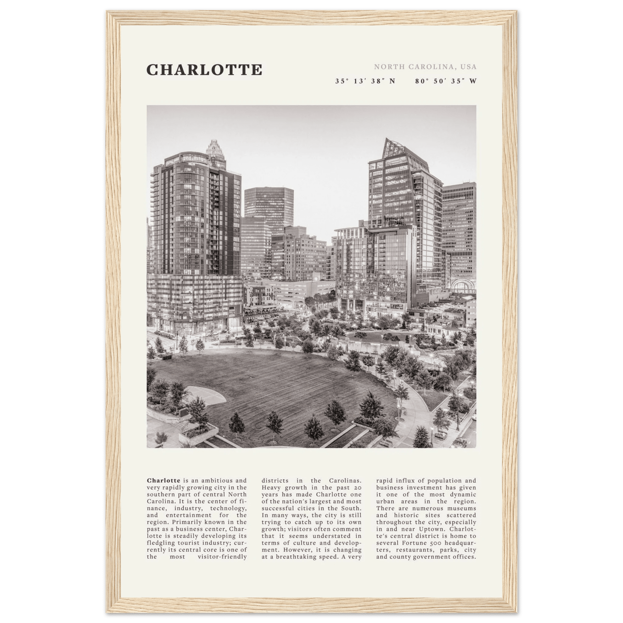 Charlotte Poster | Black & White North Carolina Skyline Wall Art | NC Travel Print - Evergreen Posters