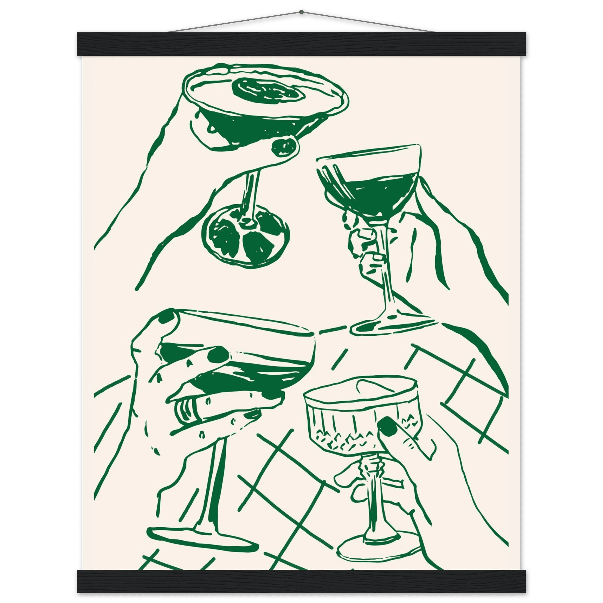 Cheers Print | Forest Green Cocktail Glasses Wall Art | Kitchen Bar Poster - Evergreen Posters