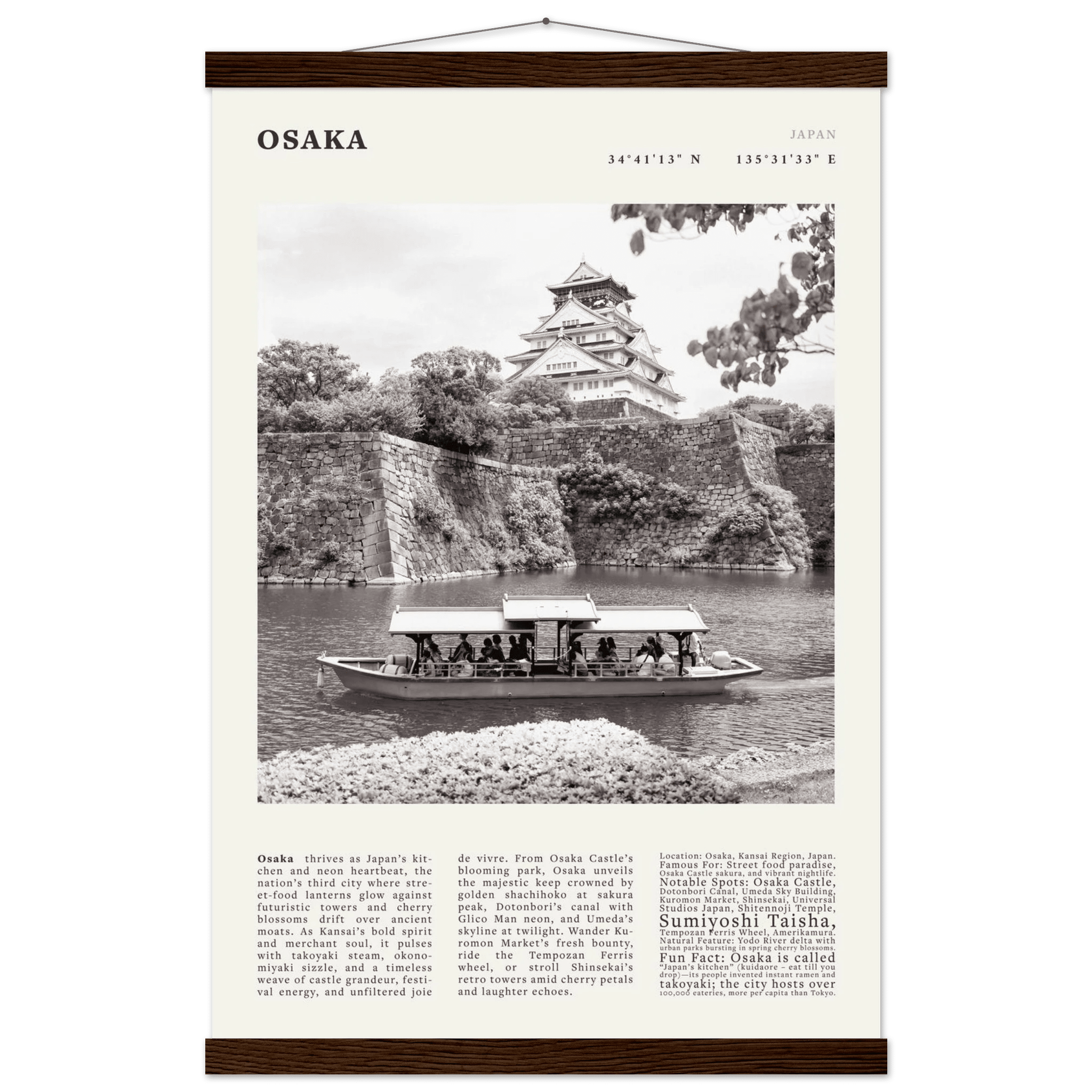 Osaka Poster Black and White – Vintage Osaka Castle Cherry Blossom Print (Digital & Printed Options) - Evergreen Posters