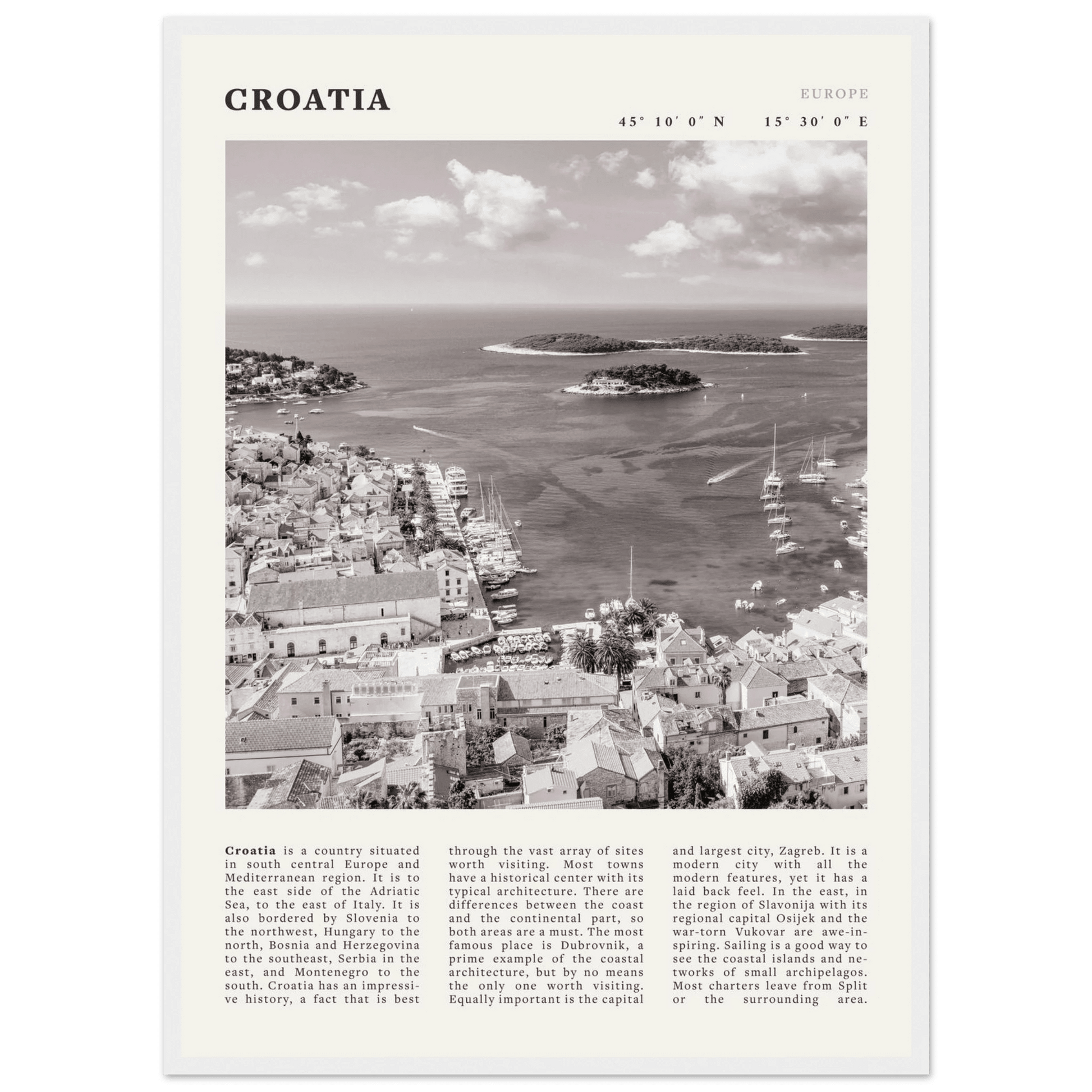 Croatia Poster | Black & White Hvar Island Wall Art | Adriatic Travel Print Decor - Evergreen Posters