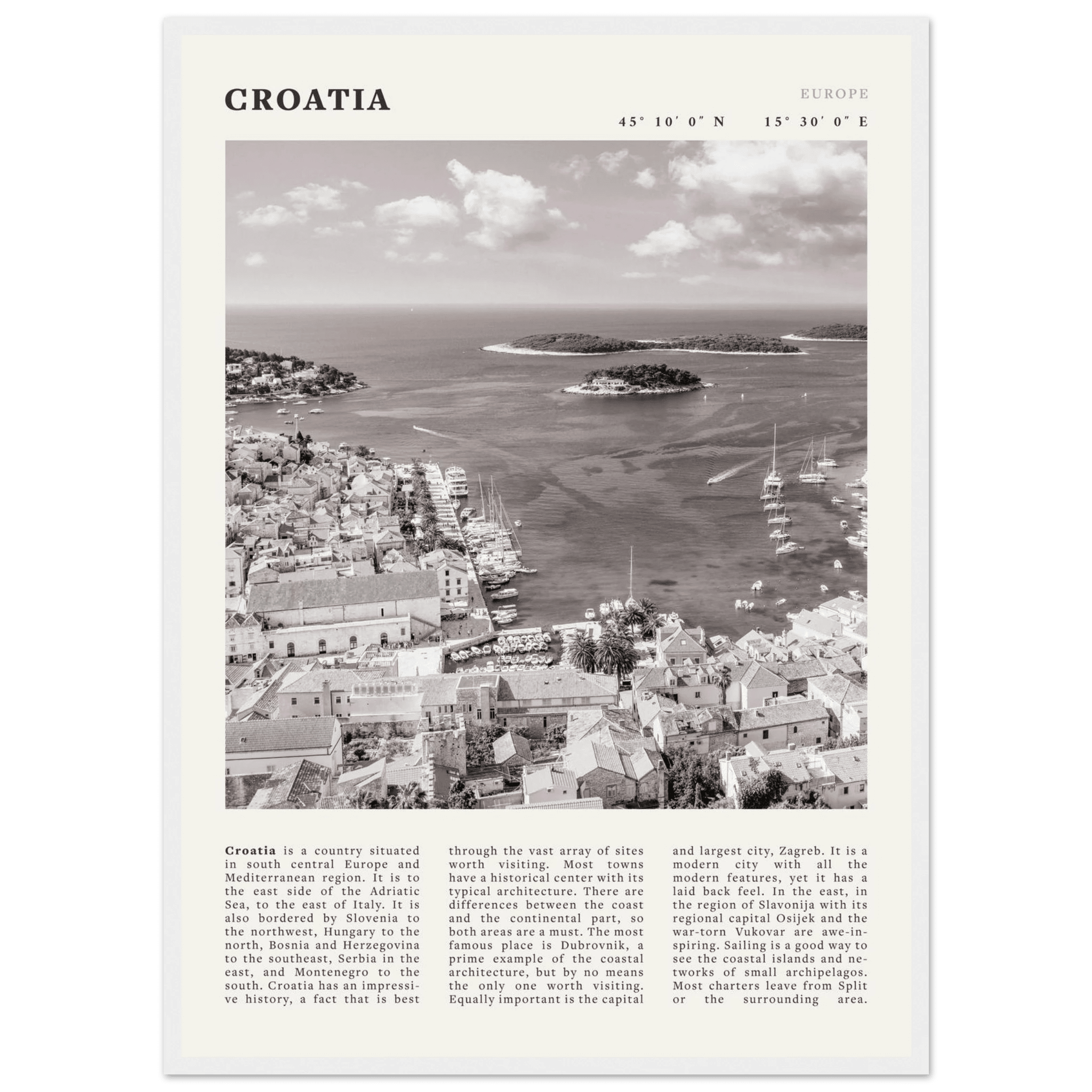 Croatia Poster | Black & White Hvar Island Wall Art | Adriatic Travel Print Decor - Evergreen Posters