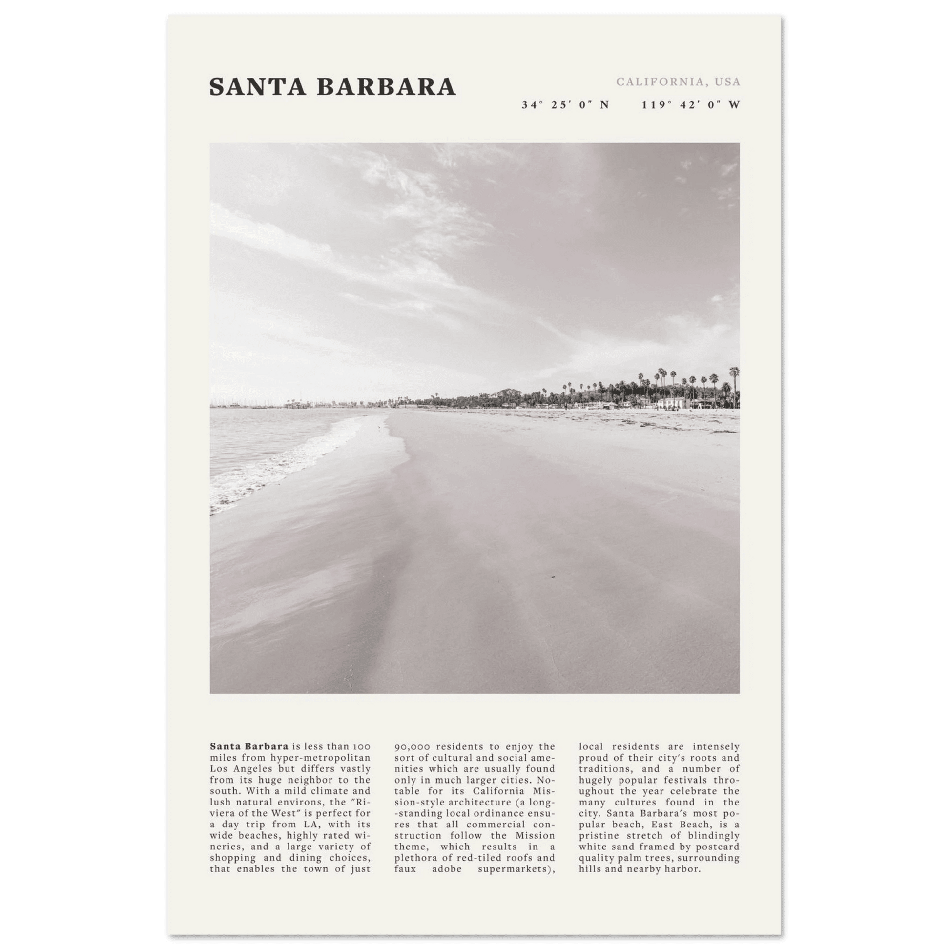 Santa Barbara Poster | Black & White California Beach Wall Art | CA Travel Print - Evergreen Posters