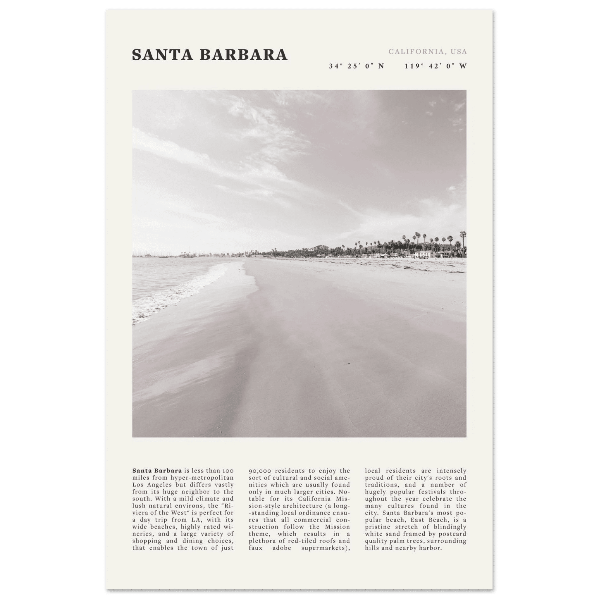 Santa Barbara Poster | Black & White California Beach Wall Art | CA Travel Print - Evergreen Posters
