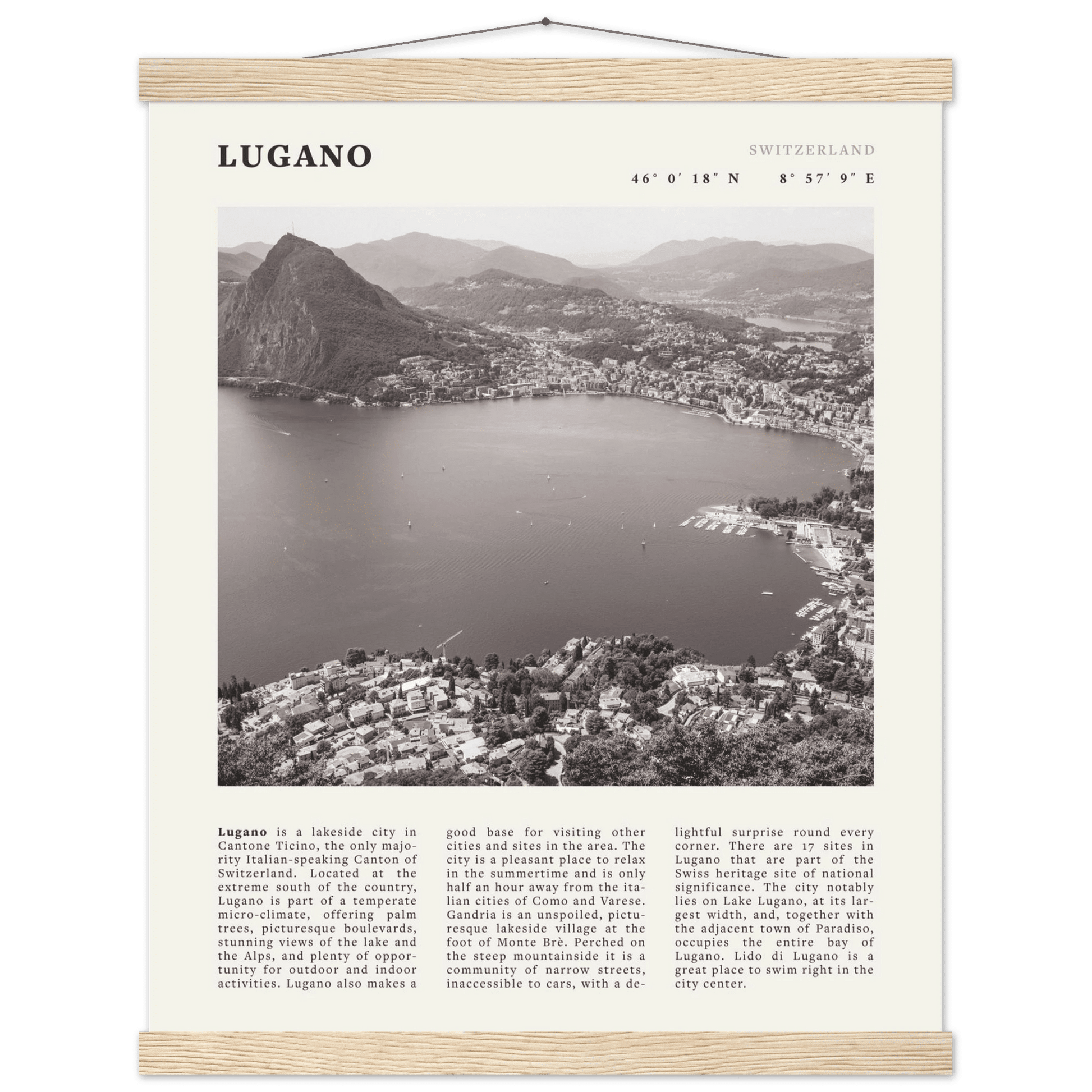 Lugano Poster | Black & White Swiss Lake Wall Art | Switzerland Travel Print - Evergreen Posters