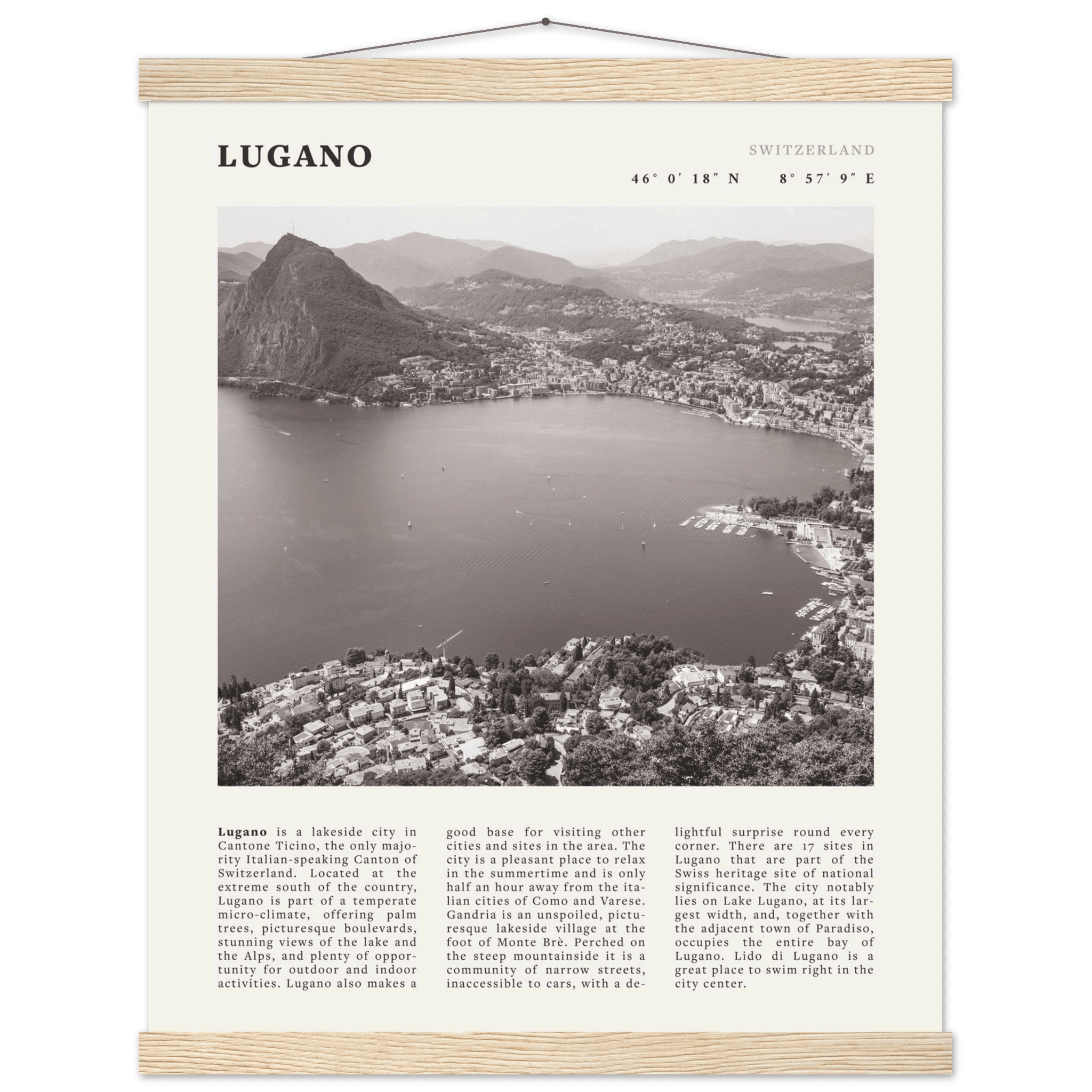Lugano Poster | Black & White Swiss Lake Wall Art | Switzerland Travel Print - Evergreen Posters