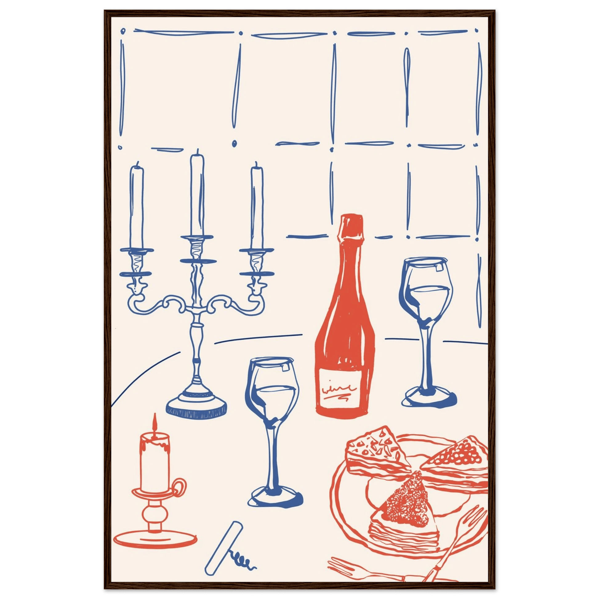 Candlelight Dinner Print | Wine & Candelabra Line Art Wall Art | Kitchen Poster - Evergreen Posters