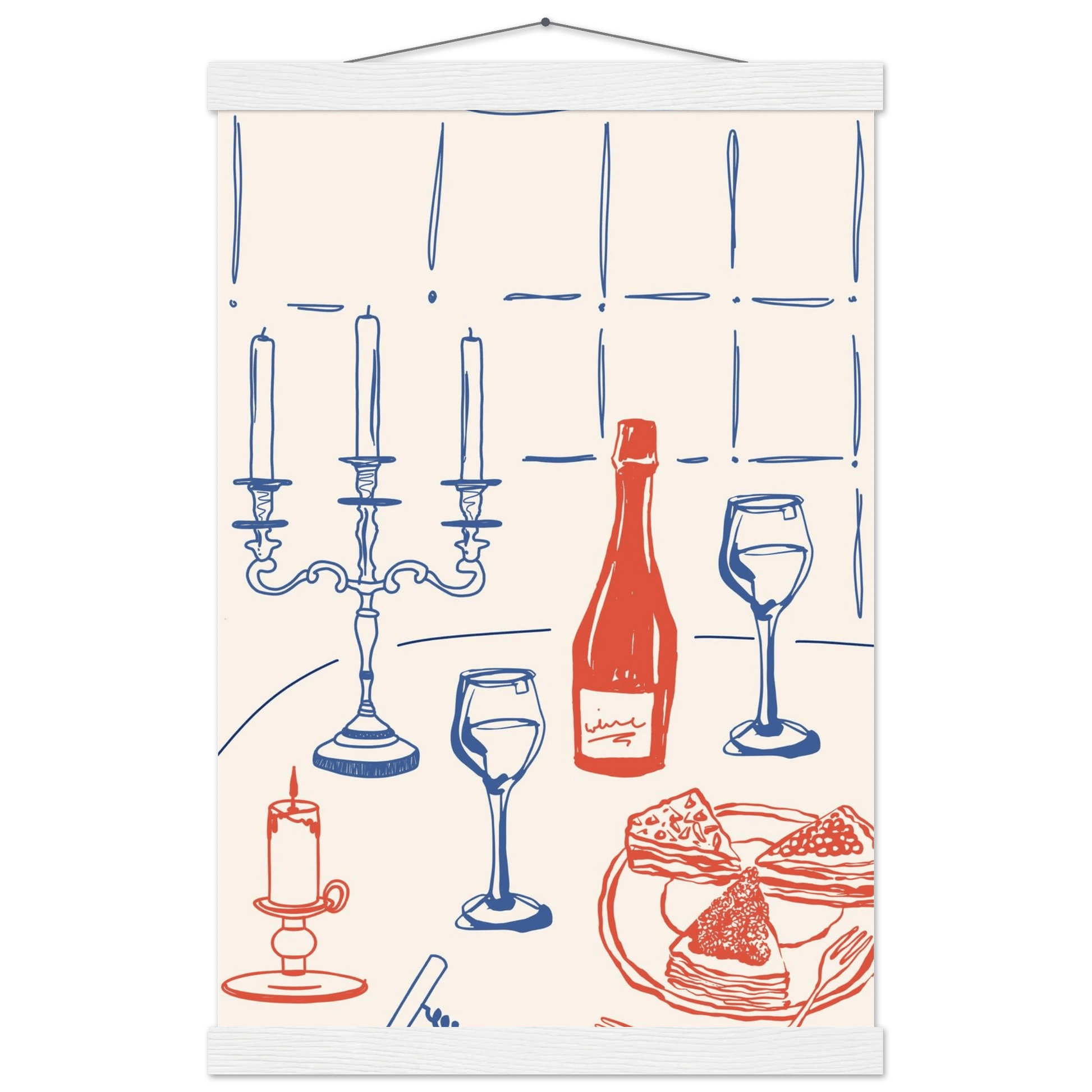Candlelight Dinner Print | Wine & Candelabra Line Art Wall Art | Kitchen Poster - Evergreen Posters