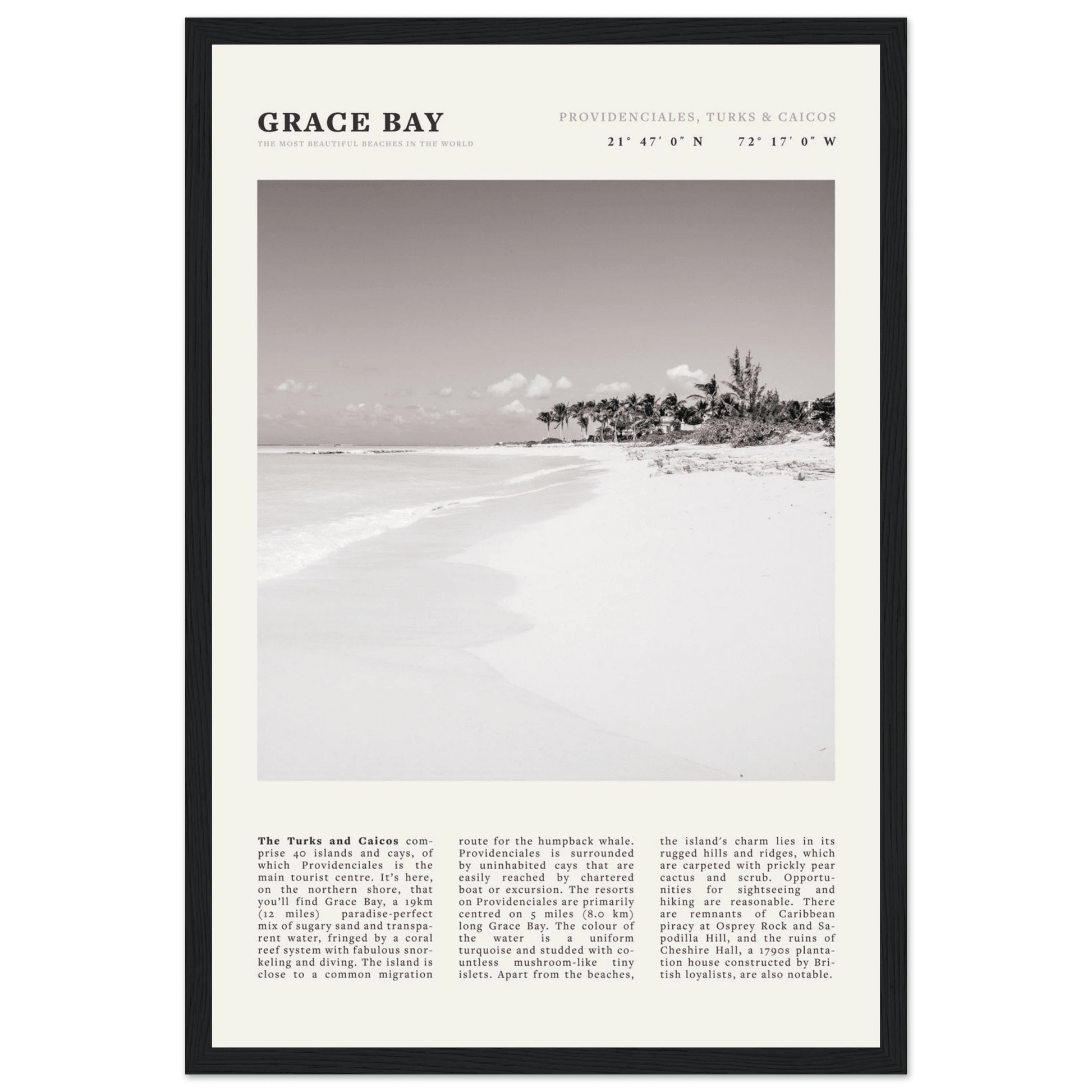 Grace Bay Poster | Black & White Turks & Caicos Wall Art | Caribbean Beach Print - Evergreen Posters