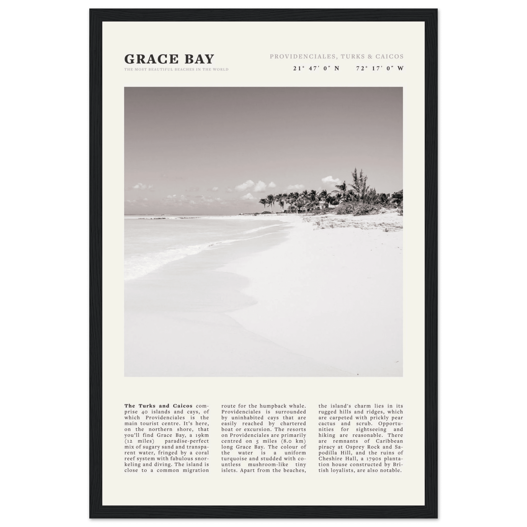 Grace Bay Poster | Black & White Turks & Caicos Wall Art | Caribbean Beach Print - Evergreen Posters