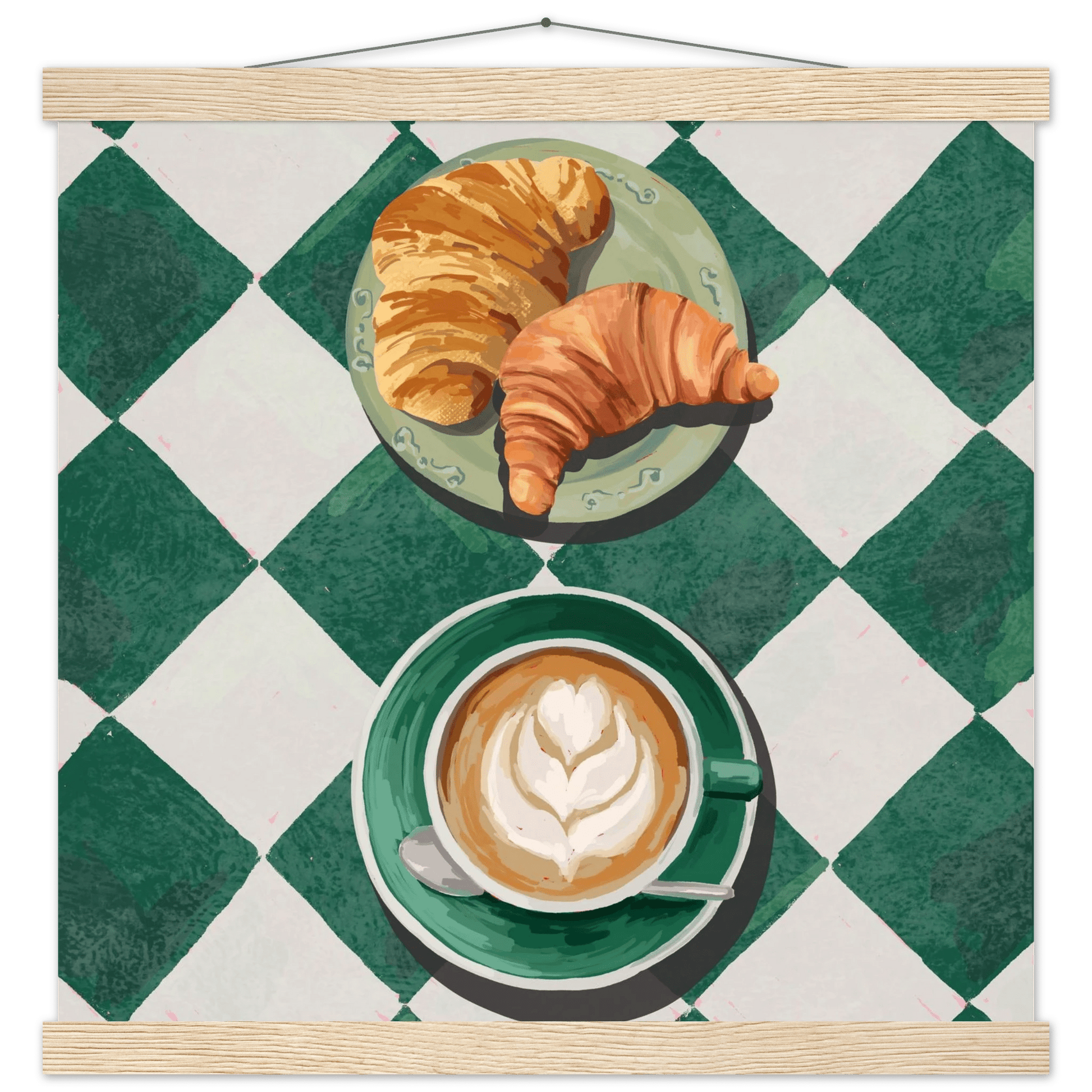 Croissant & Latte Poster | Classic Kitchen Wall Art | Green Tile Square Breakfast Print - Evergreen Posters - 17