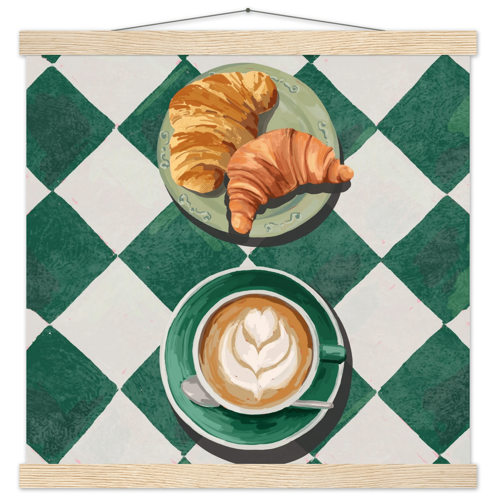 Croissant & Latte Poster | Classic Kitchen Wall Art | Green Tile Square Breakfast Print - Evergreen Posters - 17