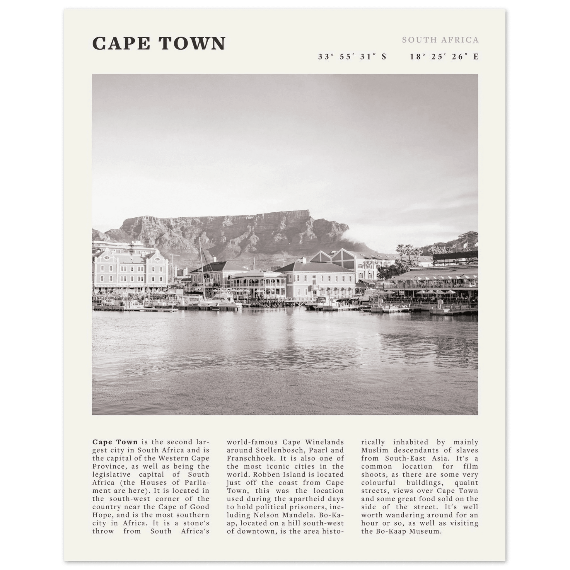 Cape Town Poster | Black & White Table Mountain Wall Art | South Africa Travel Print - Evergreen Posters