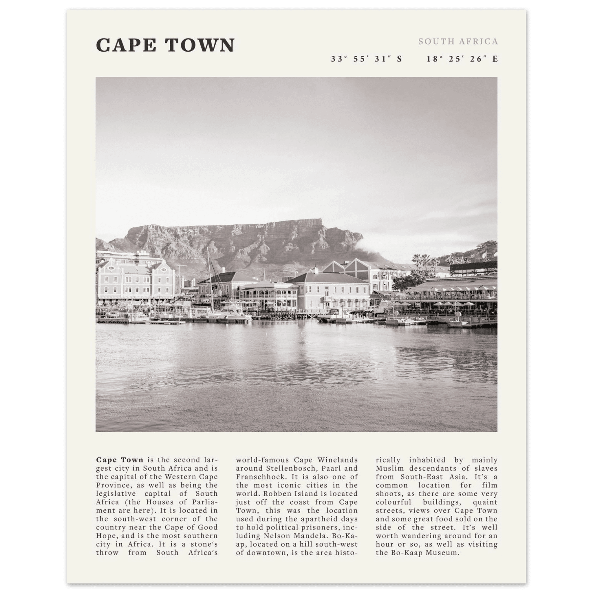 Cape Town Poster | Black & White Table Mountain Wall Art | South Africa Travel Print - Evergreen Posters
