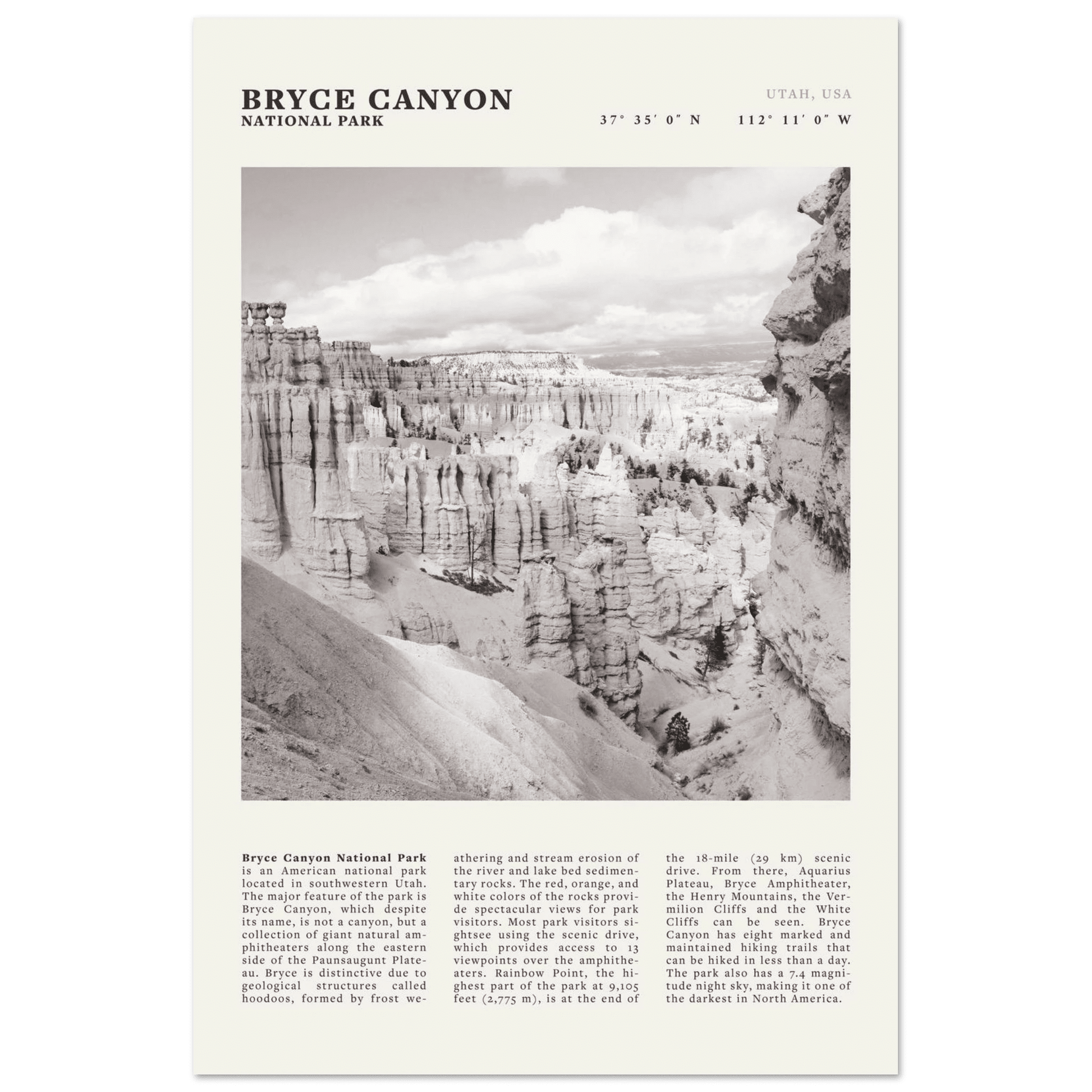 Bryce Canyon National Park Poster | Black & White Utah Hoodoos Wall Art Print - Evergreen Posters - 5