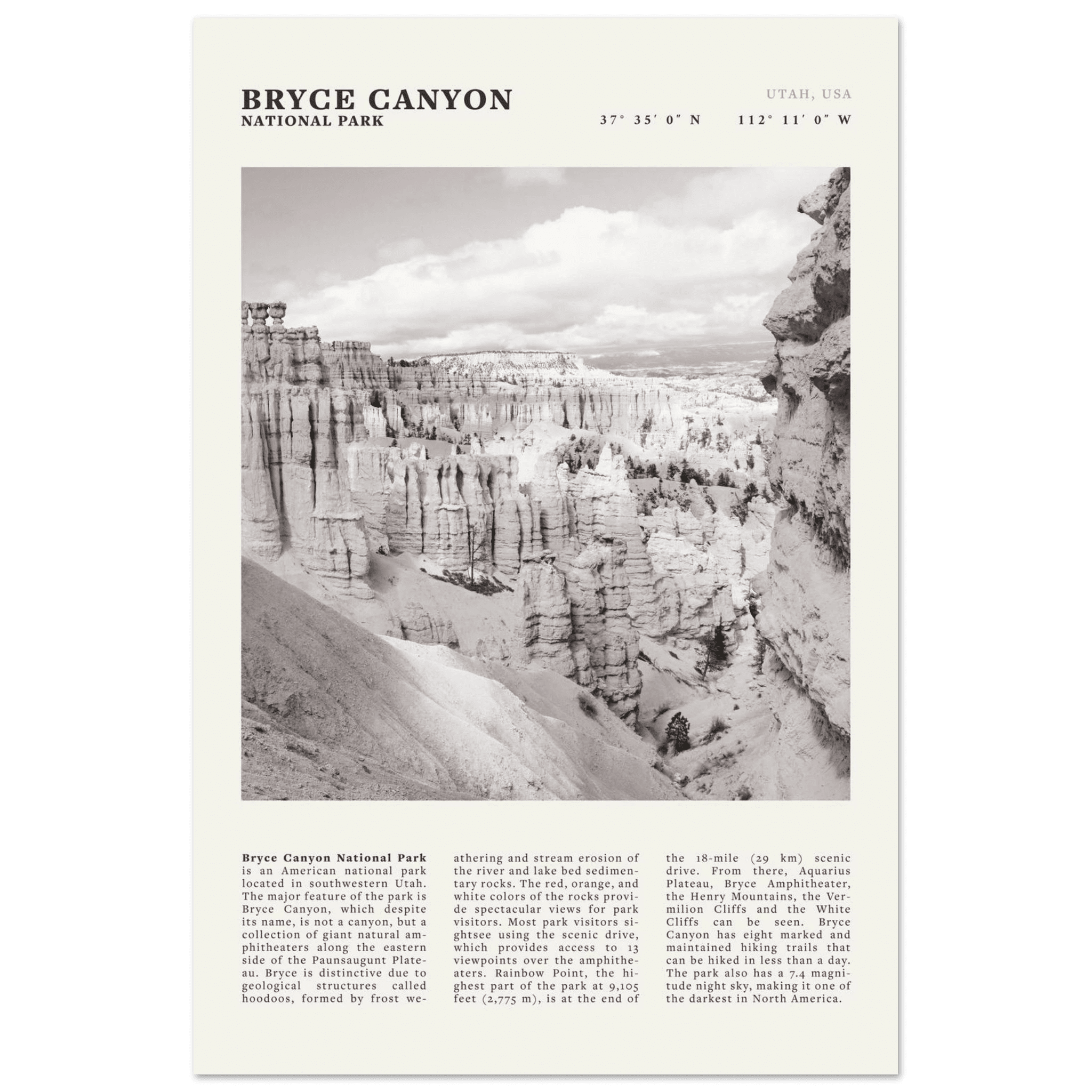 Bryce Canyon National Park Poster | Black & White Utah Hoodoos Wall Art Print - Evergreen Posters - 5