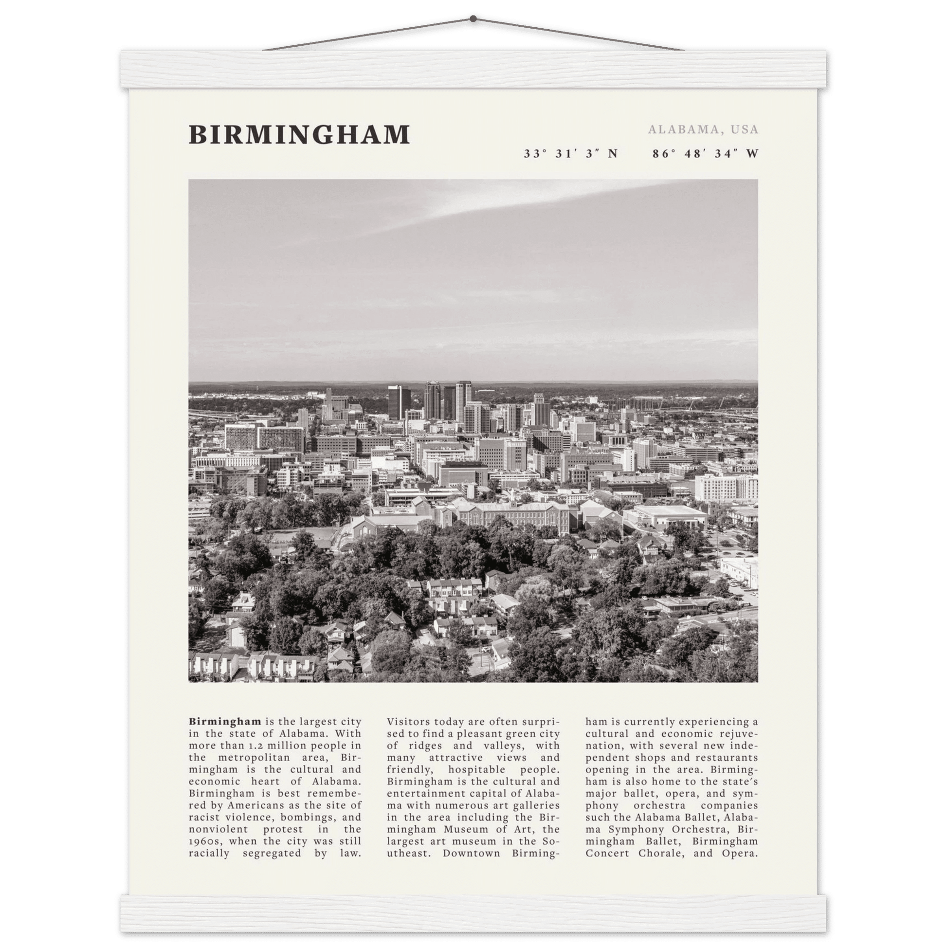 Birmingham Poster | Black & White Alabama Skyline Wall Art | AL Travel Print - Evergreen Posters