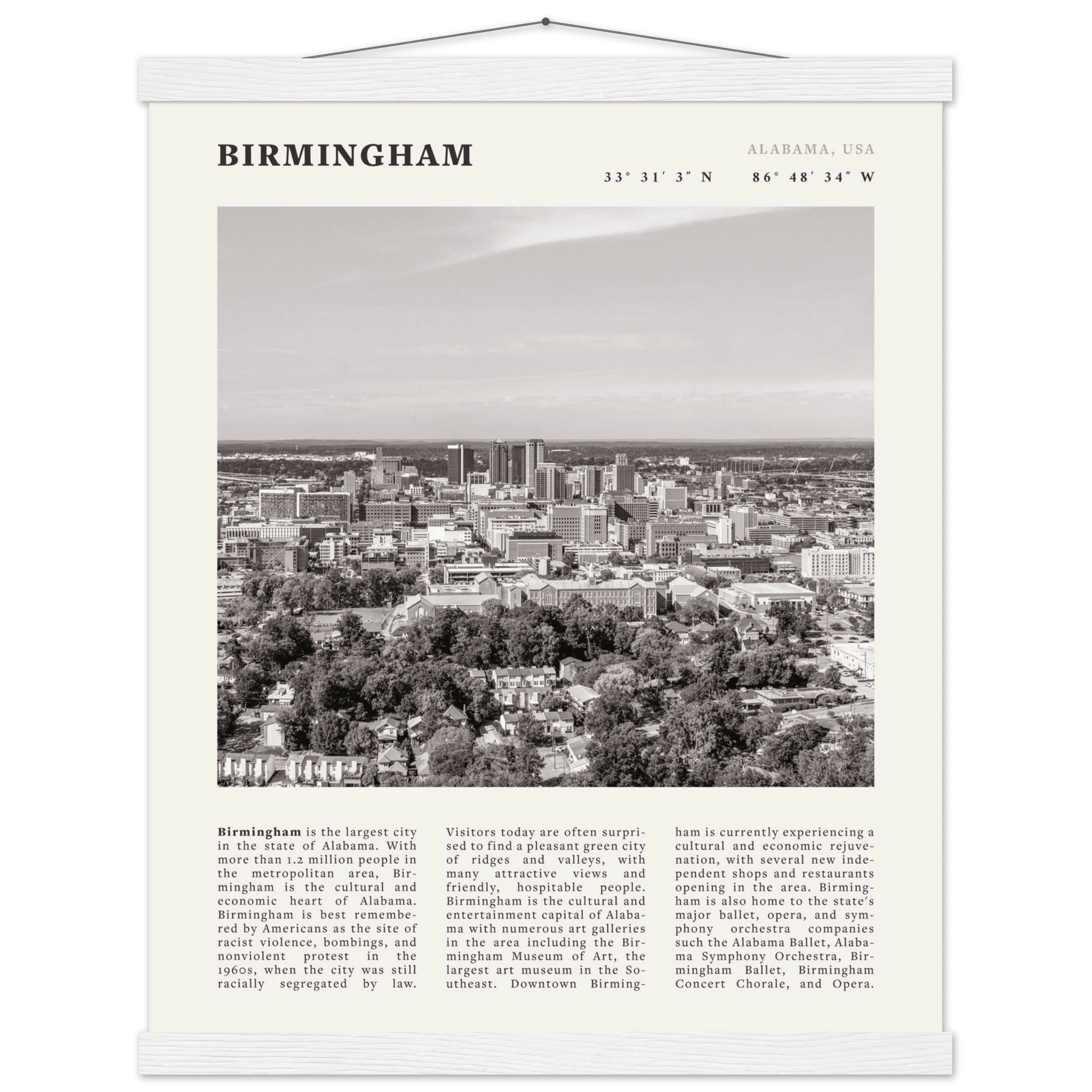Birmingham Poster | Black & White Alabama Skyline Wall Art | AL Travel Print - Evergreen Posters