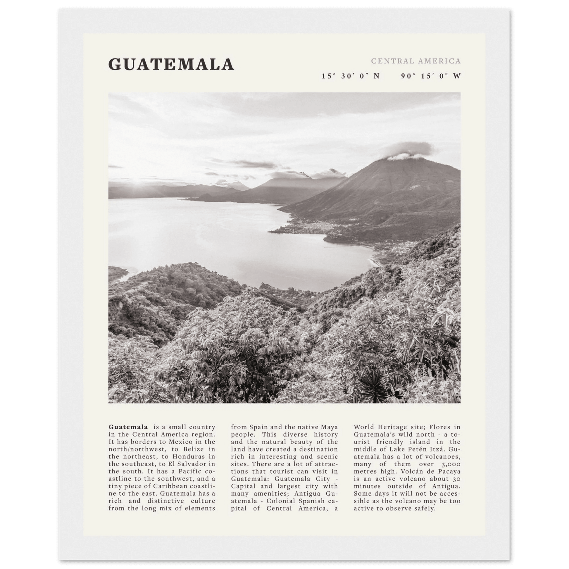 Guatemala Poster | Black & White Lake Atitlan Wall Art | Central America Travel Print - Evergreen Posters