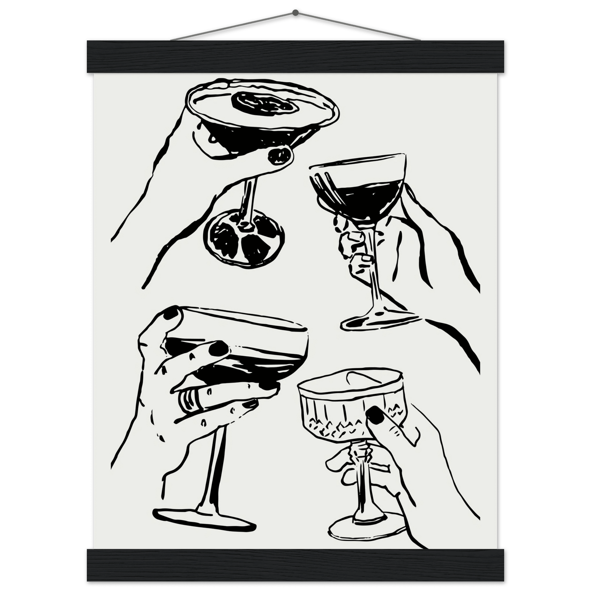 Cheers Print | Black Line Art Cocktail Glasses Wall Art | Kitchen Bar Poster - Evergreen Posters