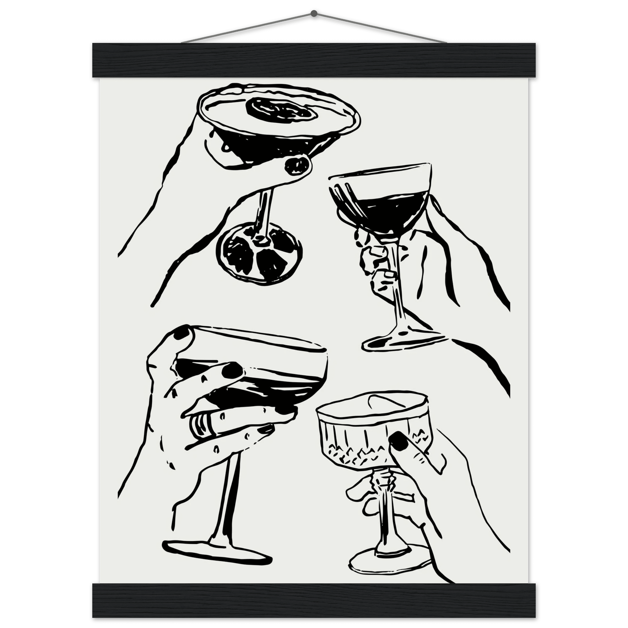 Cheers Print | Black Line Art Cocktail Glasses Wall Art | Kitchen Bar Poster - Evergreen Posters