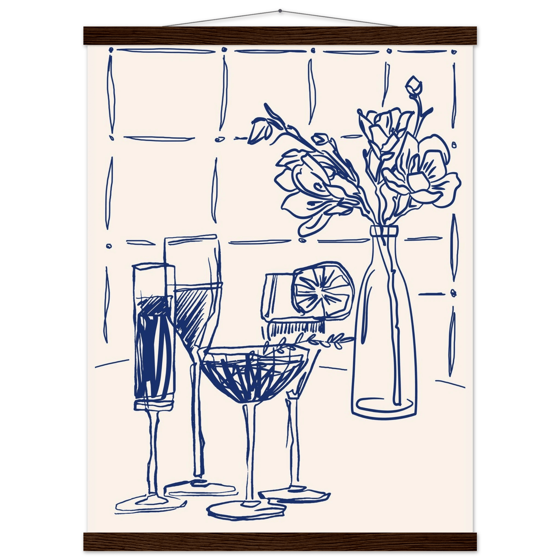 Cocktails & Flowers Print | Navy Blue Line Art Drinks Wall Art | Kitchen Bar Poster - Evergreen Posters