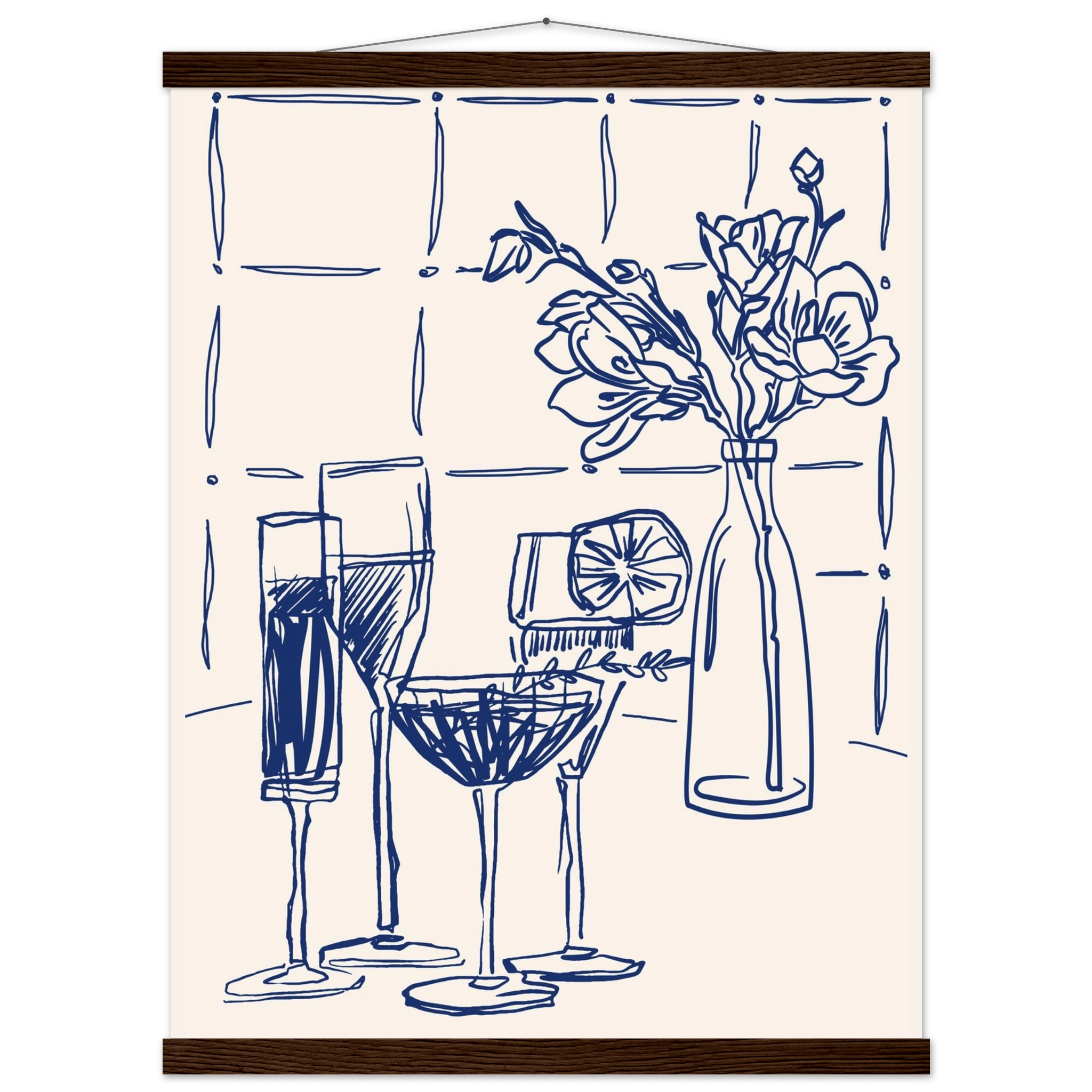 Cocktails & Flowers Print | Navy Blue Line Art Drinks Wall Art | Kitchen Bar Poster - Evergreen Posters
