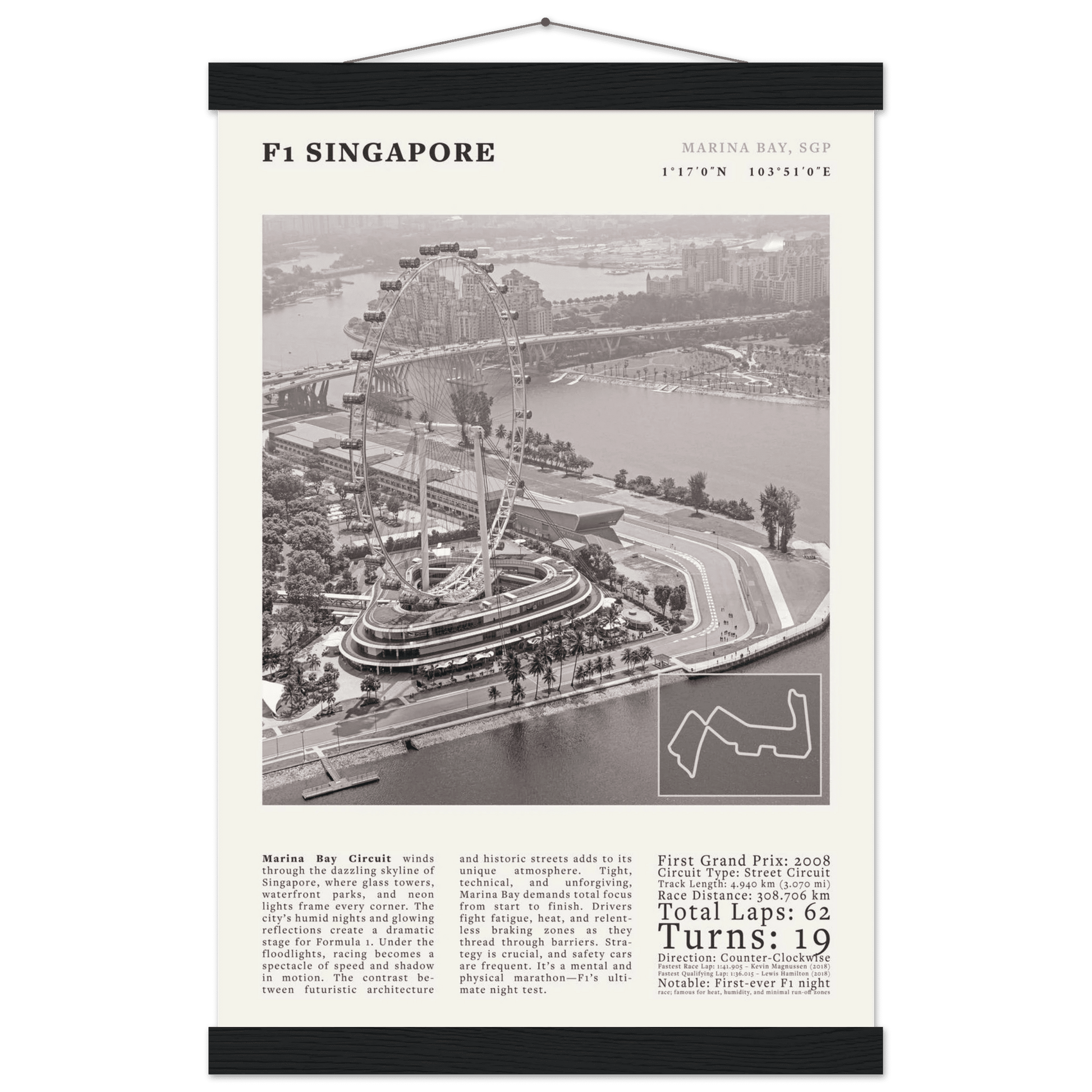 F1 Singapore Poster Black and White – Vintage Marina Bay Night Race Print (Digital & Printed Options) - Evergreen Posters